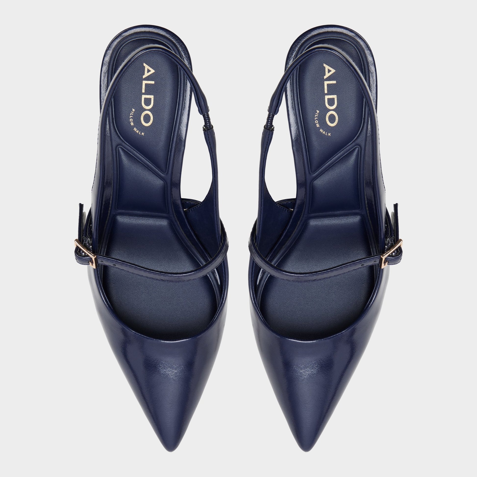 Top-down view of the Dark blue Vestian Slingback block heel