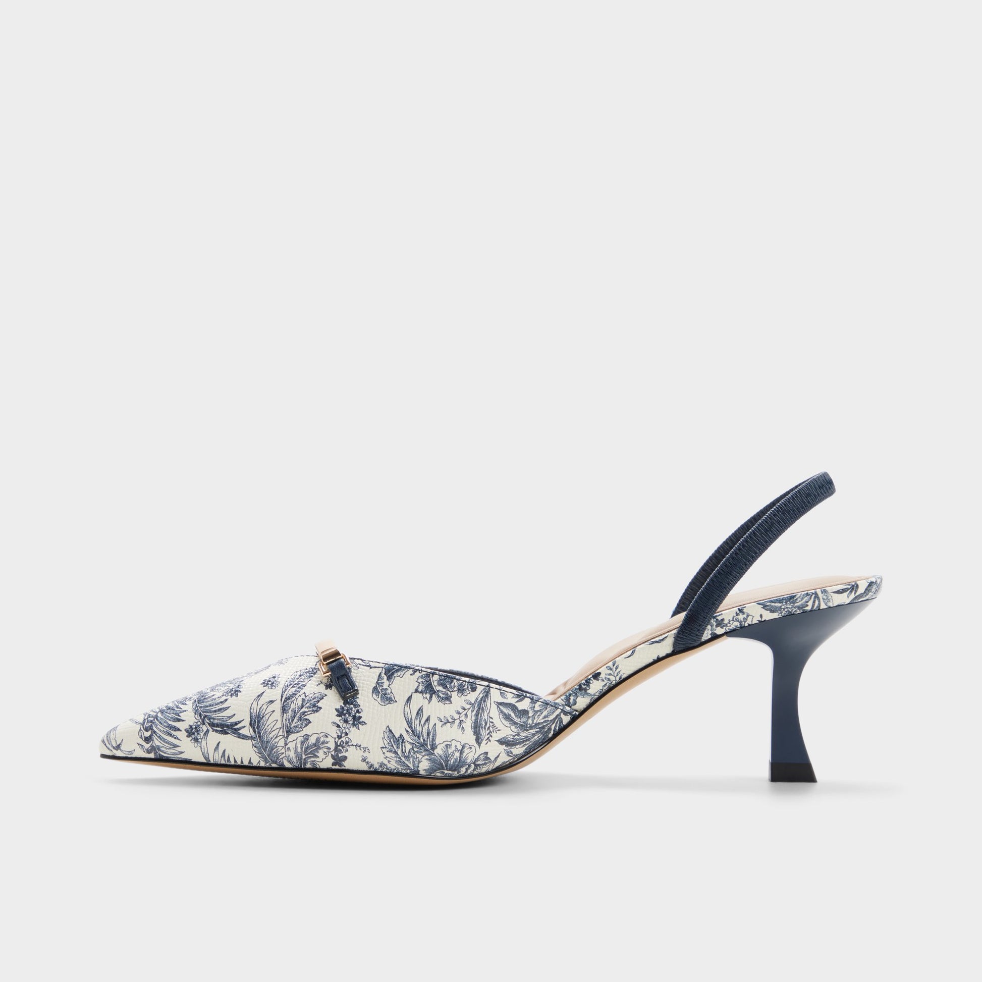 Side view of White/blue Nailah Slingback heel