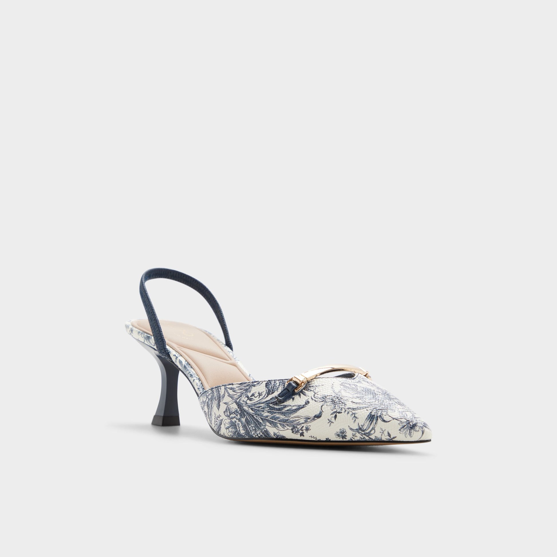 Three-quarter angle of White/blue Nailah Slingback heel's front side