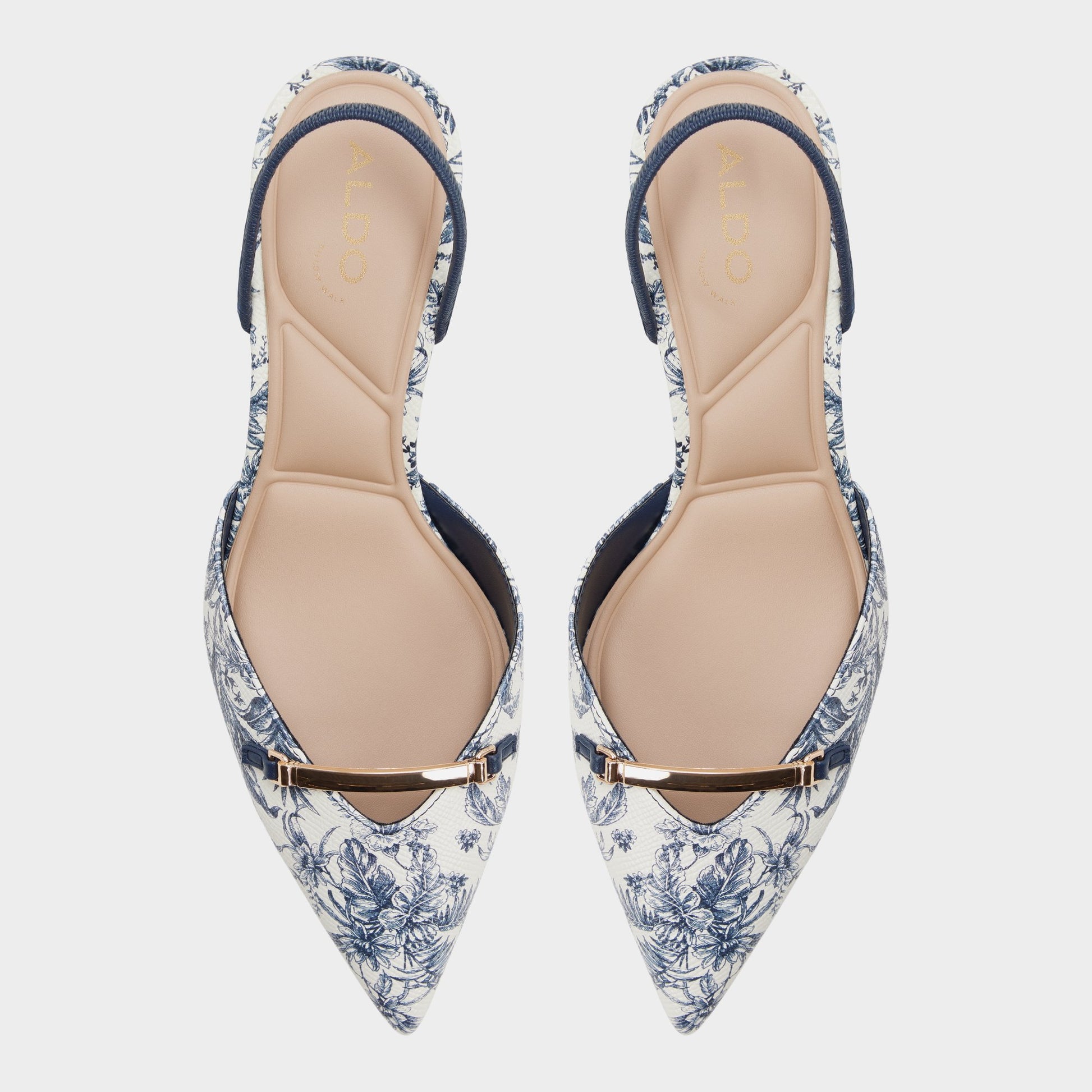 Top-down view of the White/blue Nailah Slingback heel