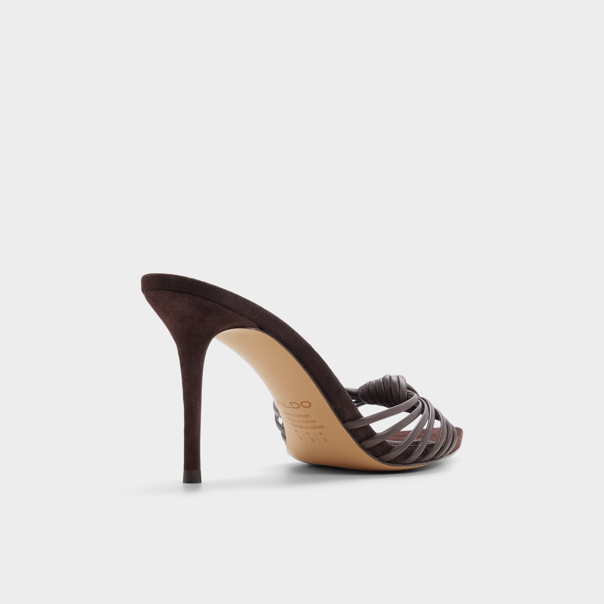 Three-quarter angle of Dark brown Moralie Heeled mule's back side
