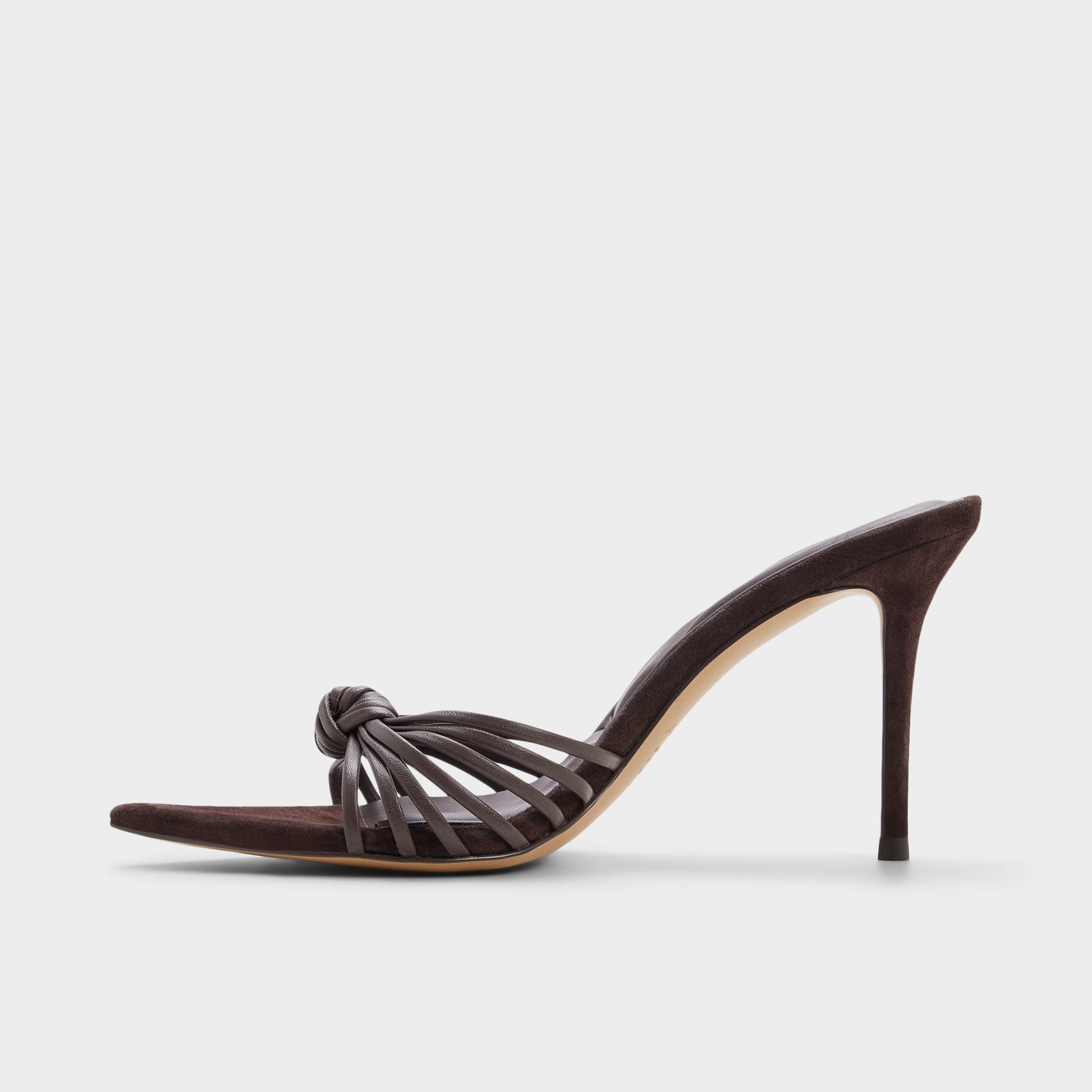 Side view of Dark brown Moralie Heeled mule