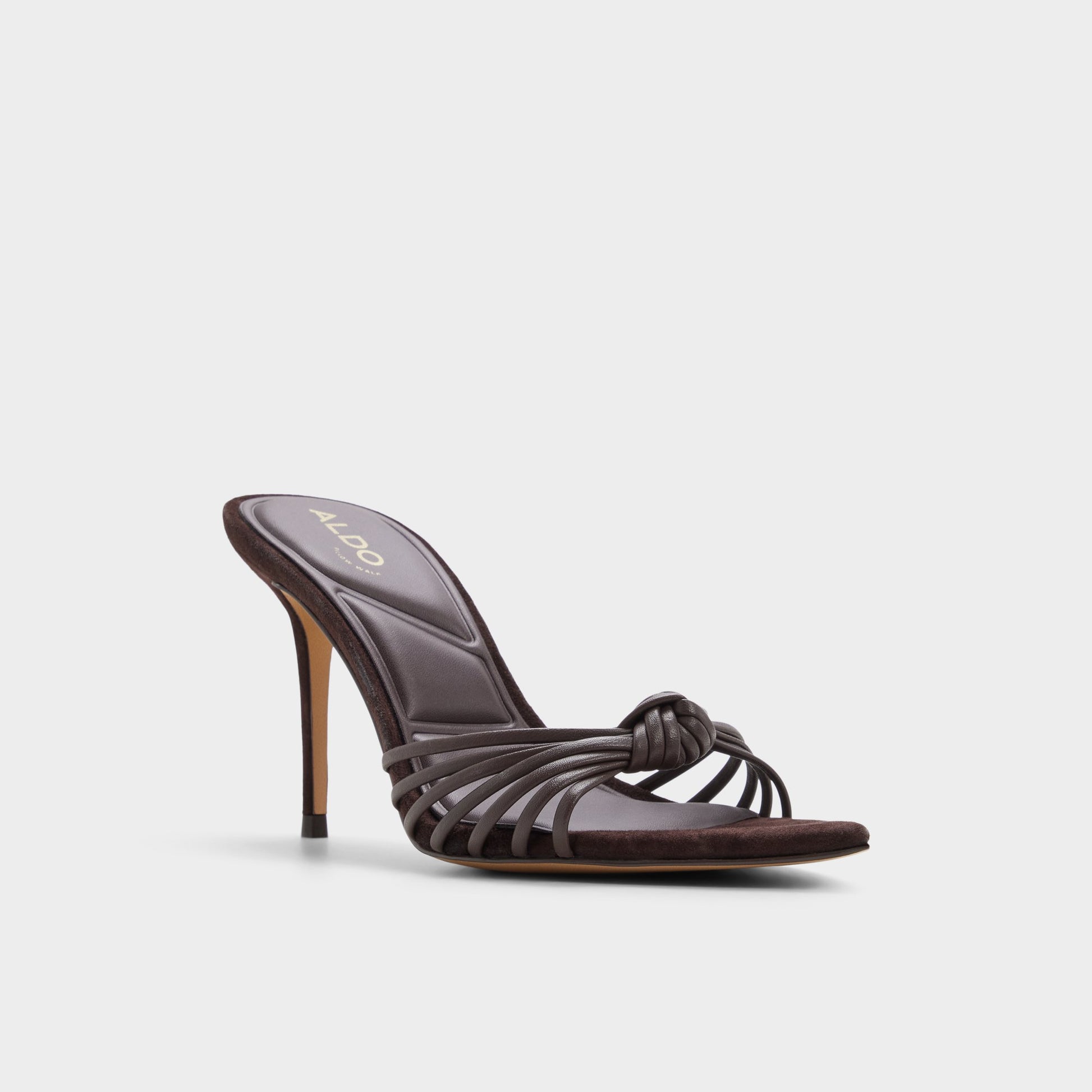 Three-quarter angle of Dark brown Moralie Heeled mule's front side