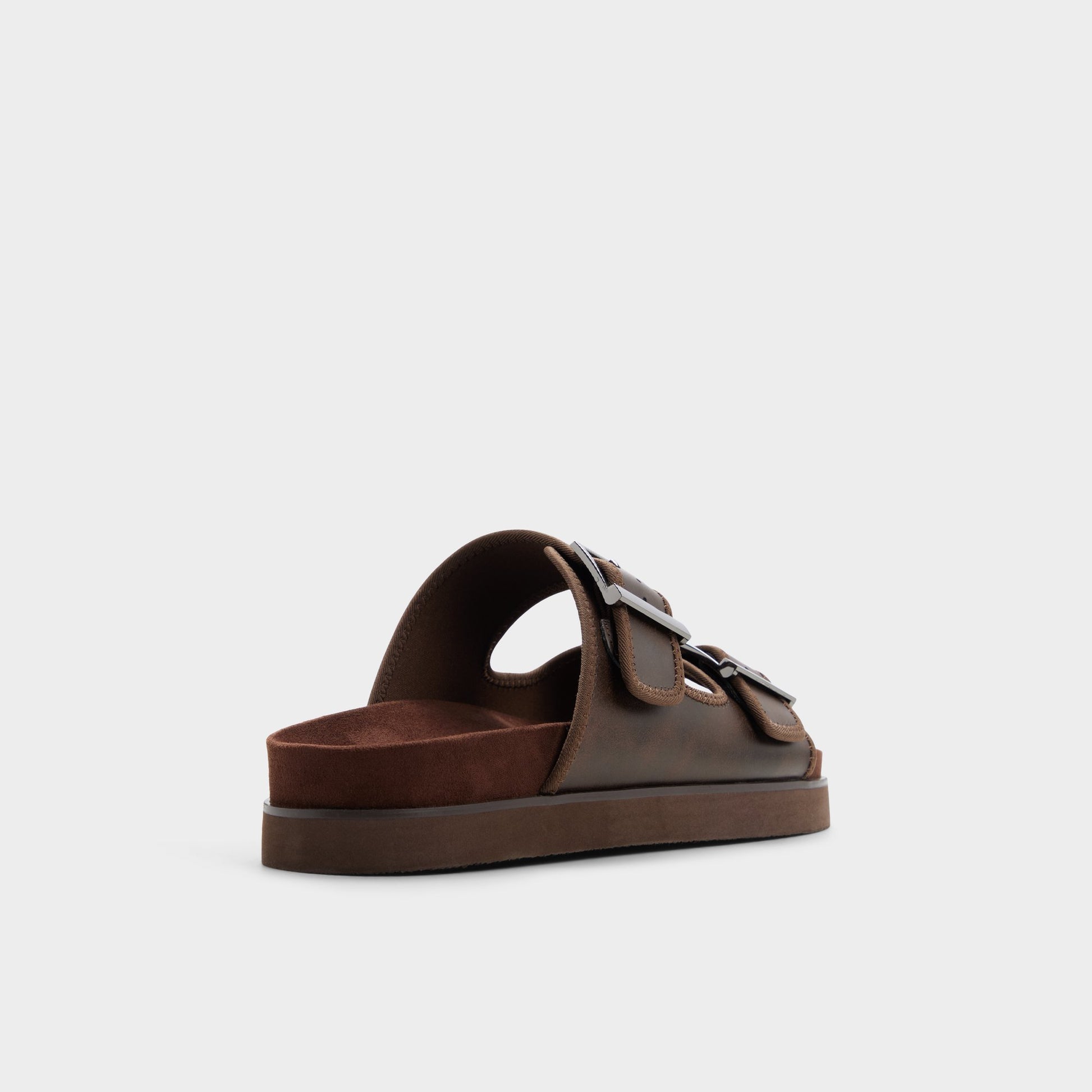 Three-quarter angle of Dark brown Sunnyside Slide sandal's back side