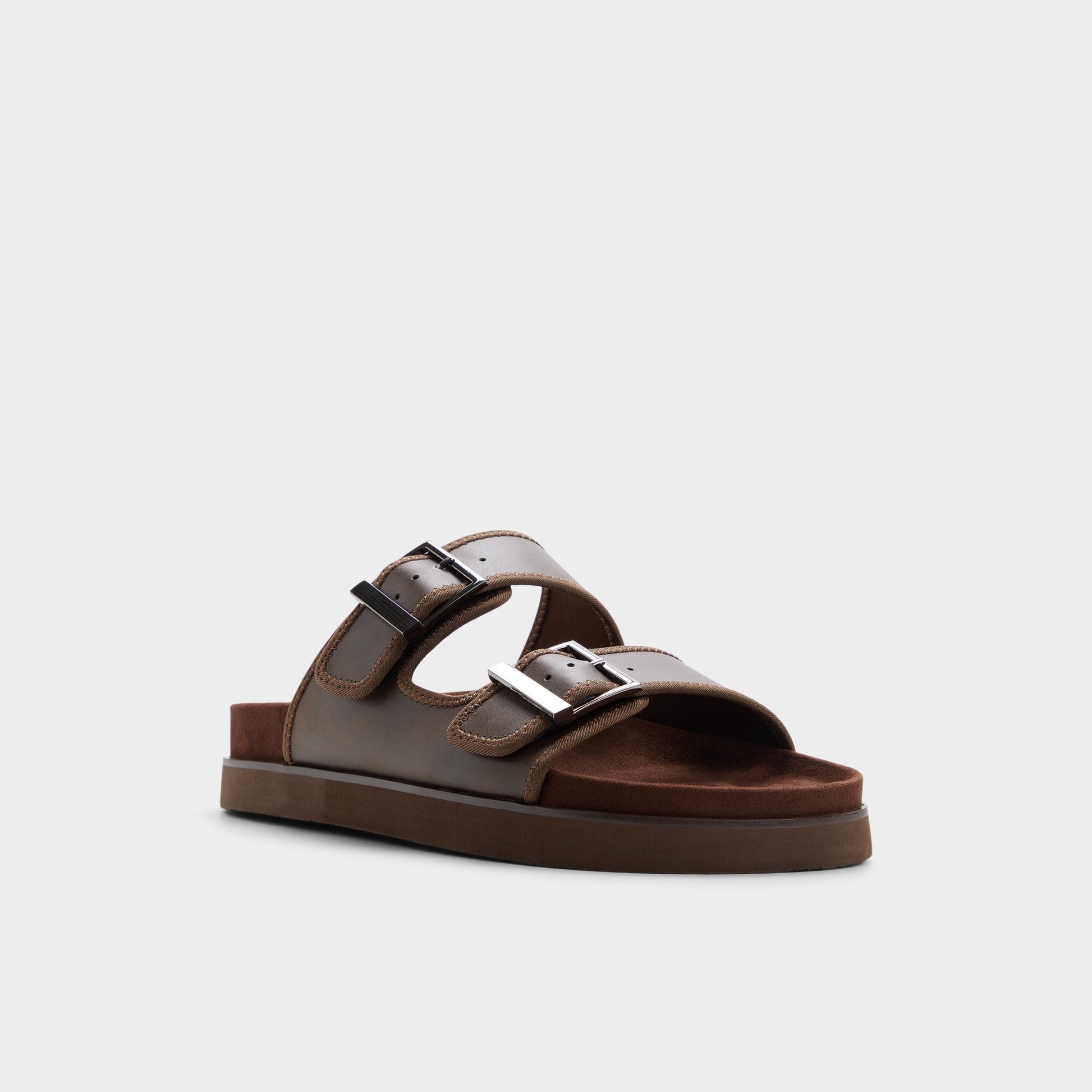 Three-quarter angle of Dark brown Sunnyside Slide sandal's front side
