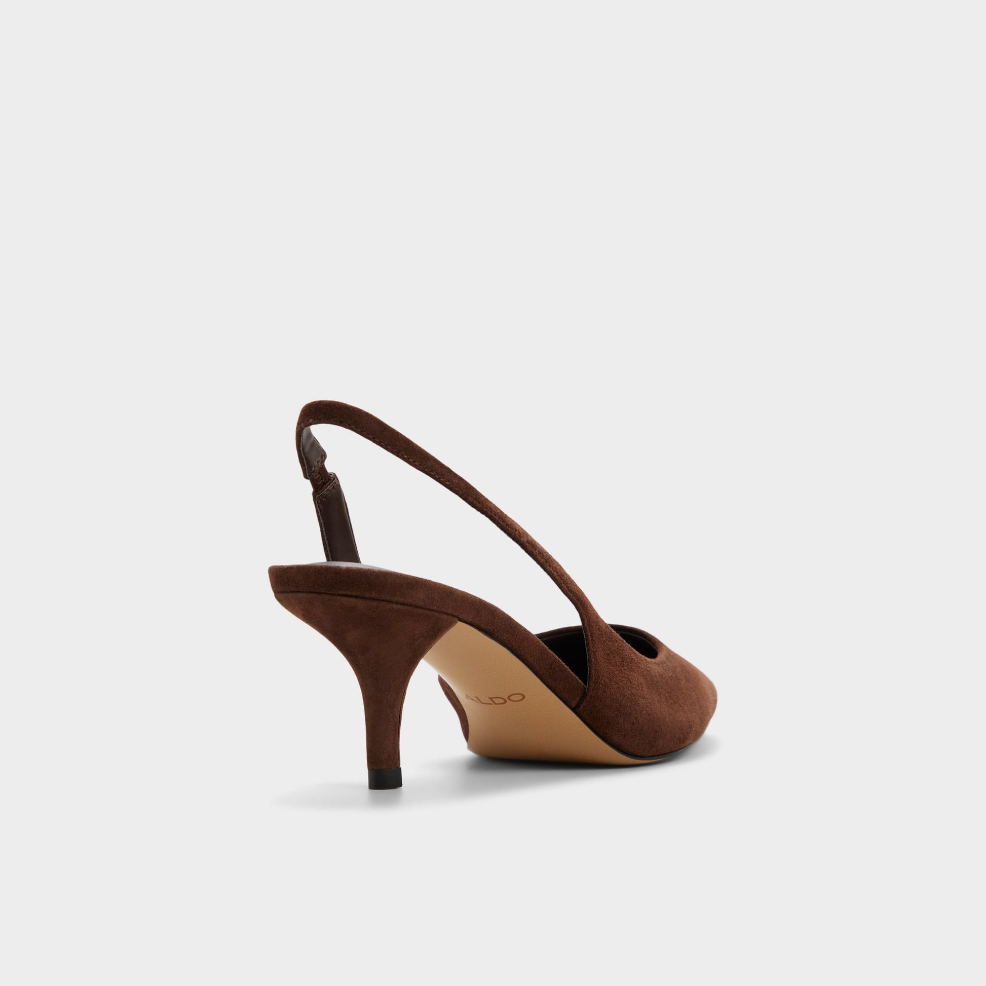 Three-quarter angle of Dark brown Stessylowsling Slingback kitten heel's back side