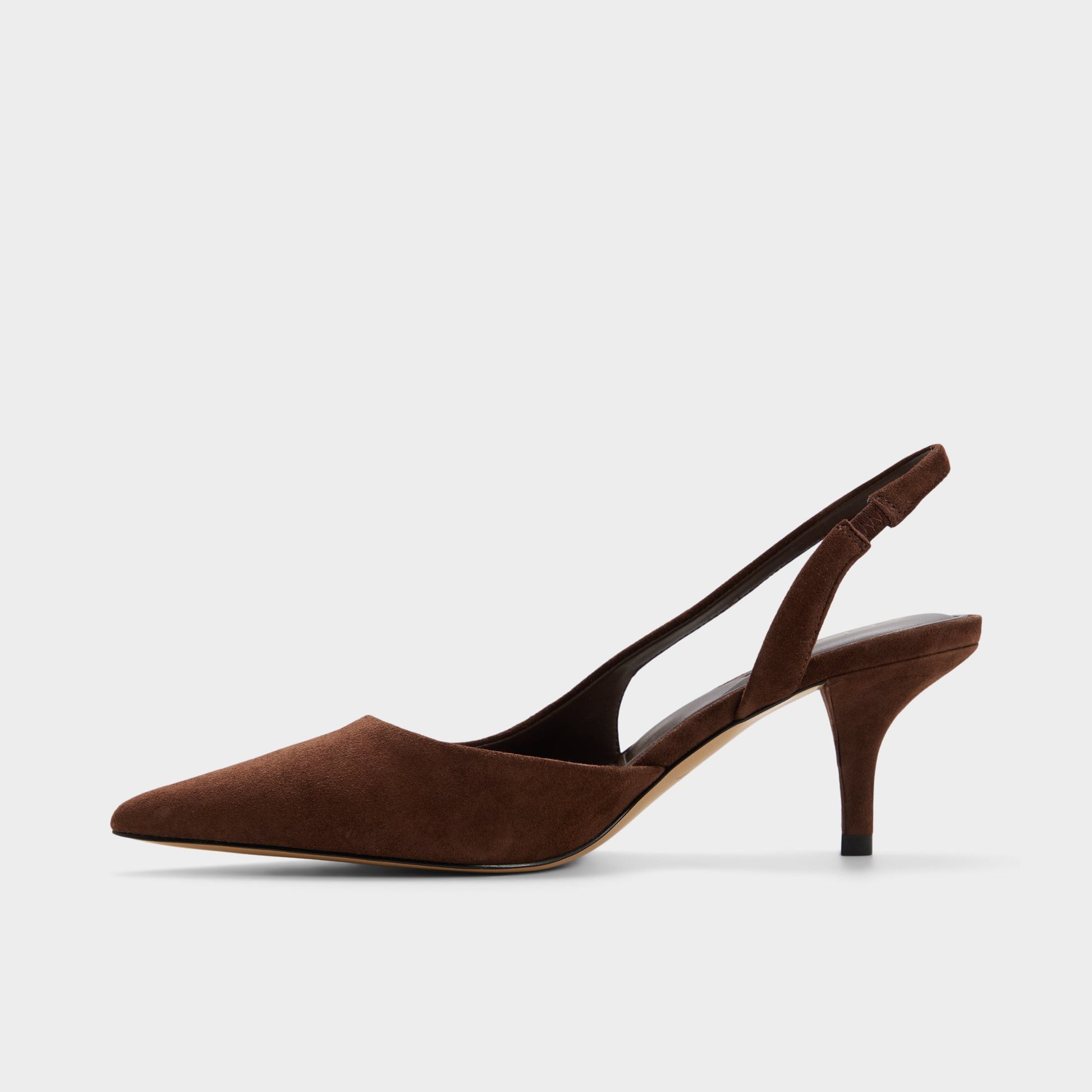 Side view of Dark brown Stessylowsling Slingback kitten heel