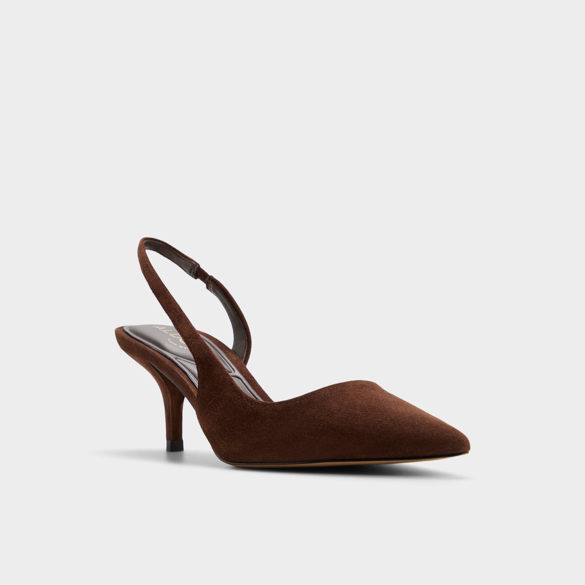 Three-quarter angle of Dark brown Stessylowsling Slingback kitten heel's front side