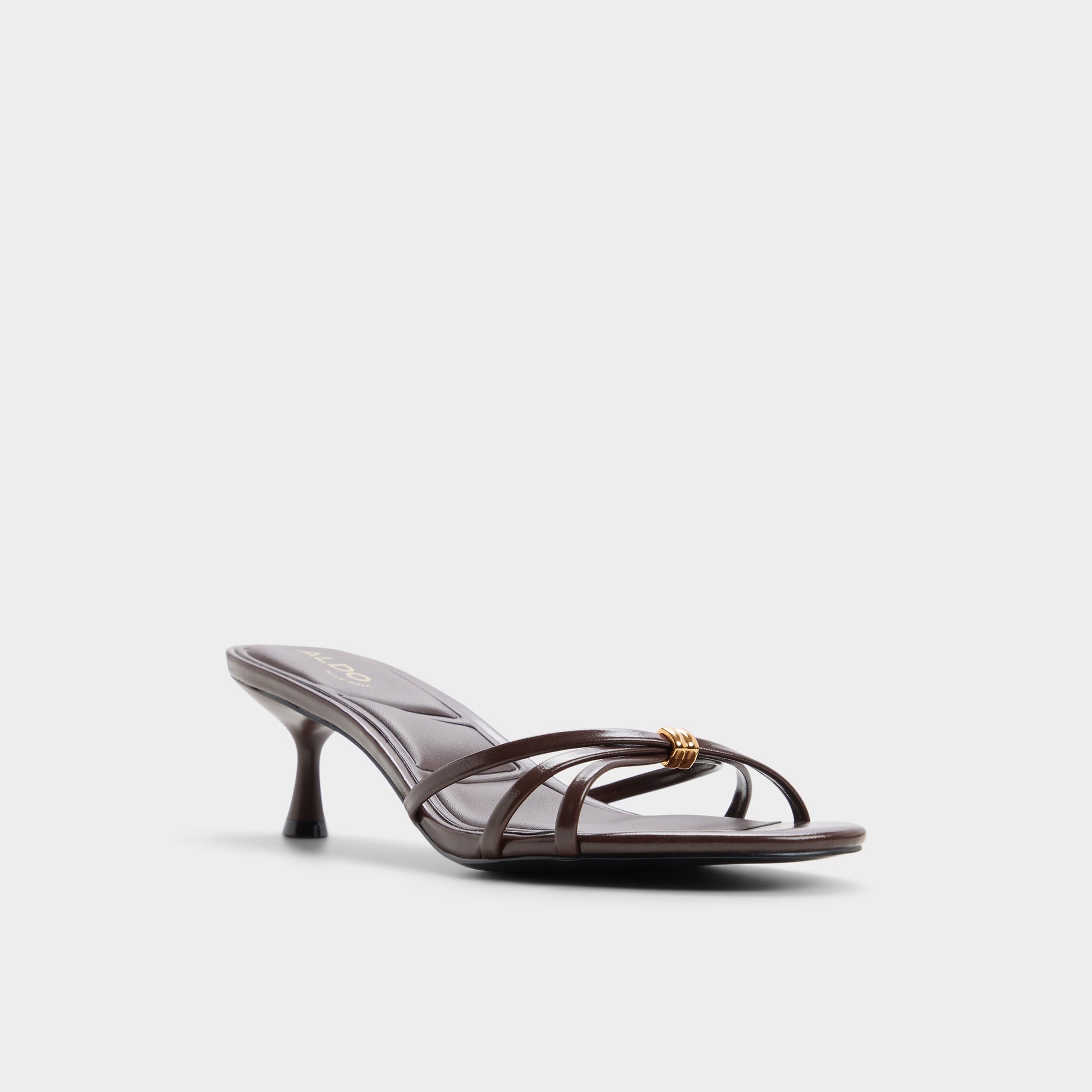 Three-quarter angle of Dark brown Madalyn Heeled mule's front side