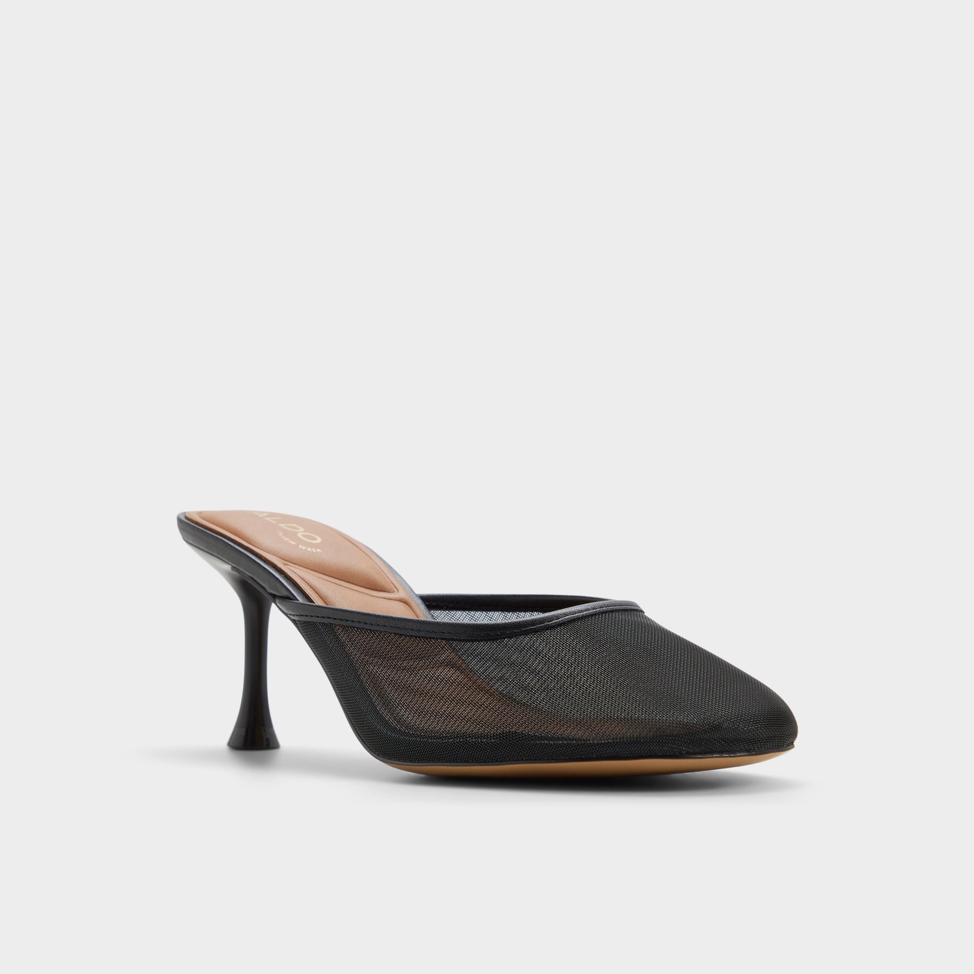 Three-quarter angle of Black Cristelle Heeled mule's front side
