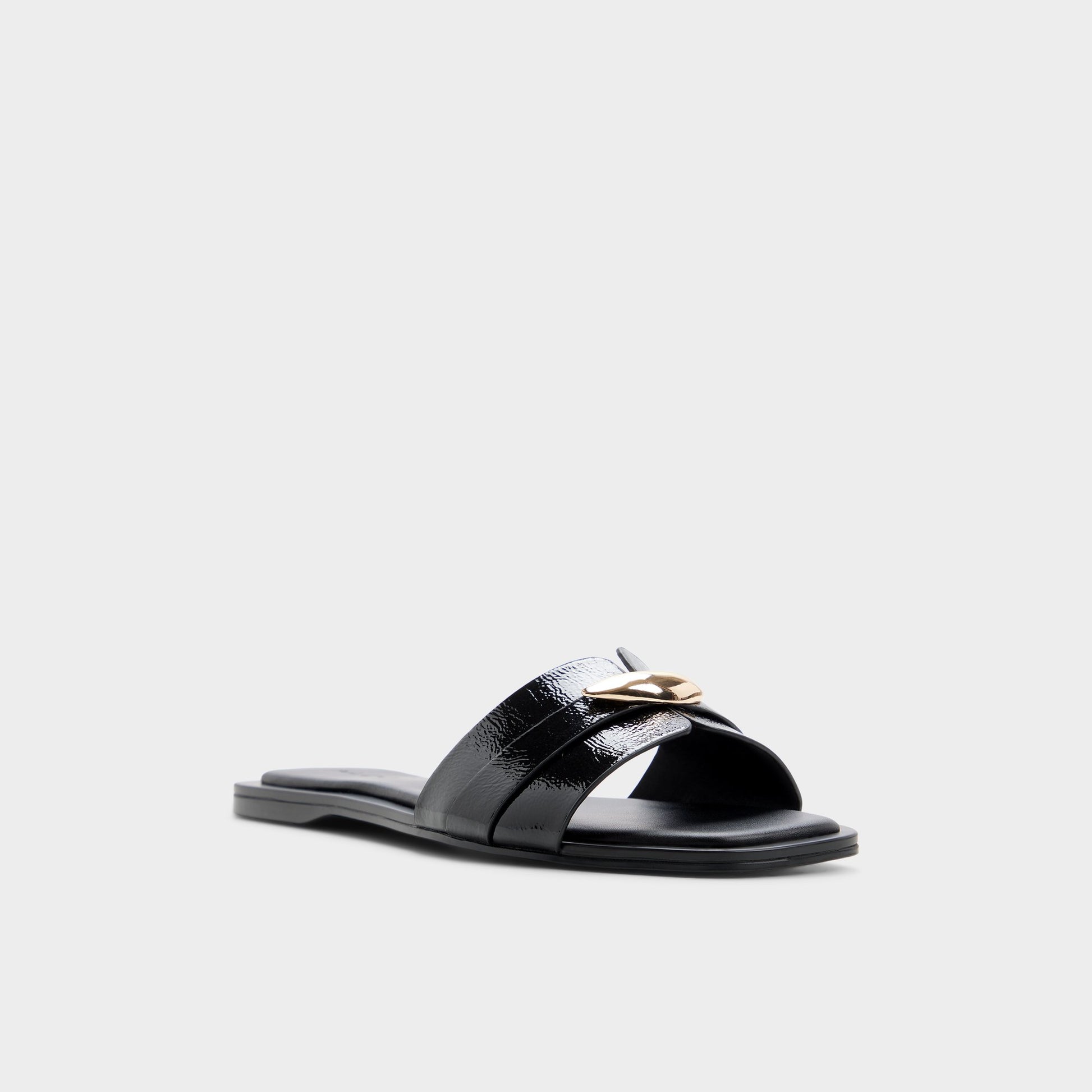 Three-quarter angle of Black Briela Slide sandal's front side