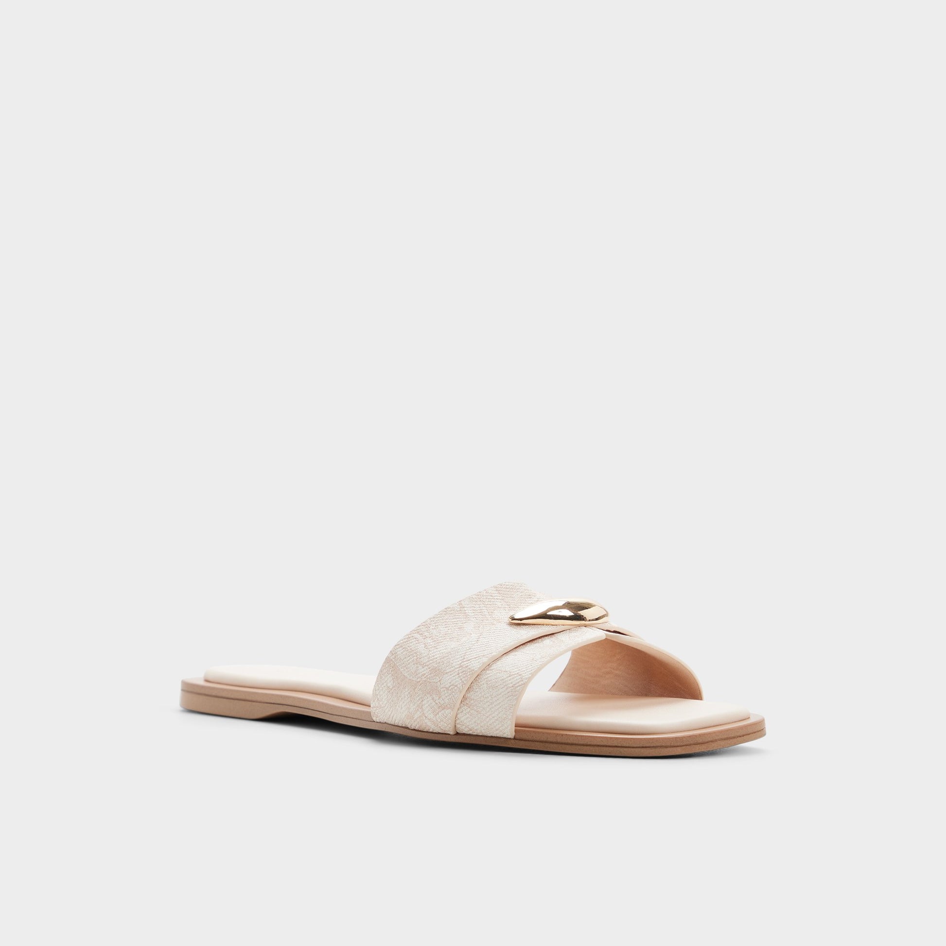 Three-quarter angle of Open pink Briela Slide sandal's front side