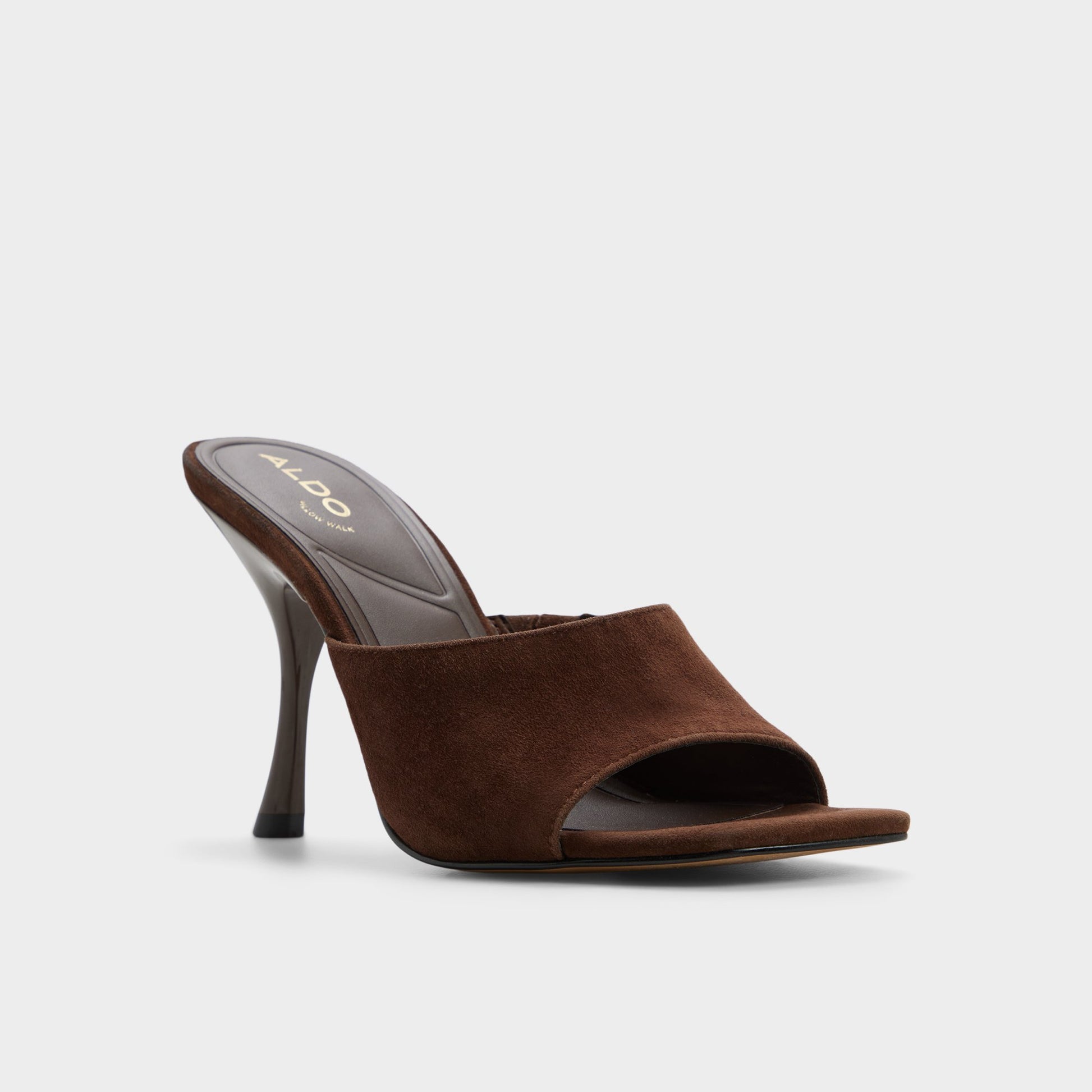 Three-quarter angle of Dark brown Comacan Heeled mule's front side