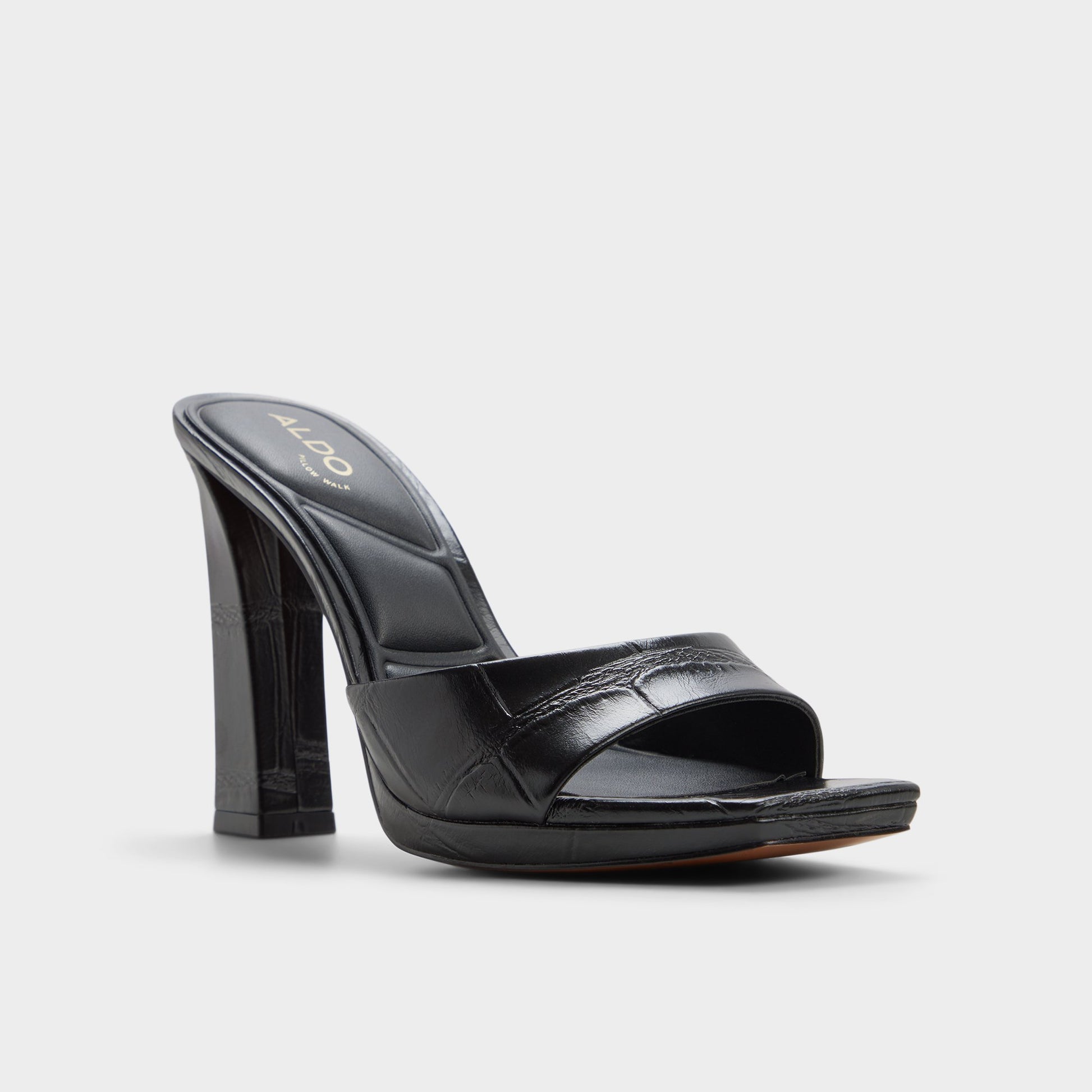 Three-quarter angle of Black Biscuiit Heeled mule's front side