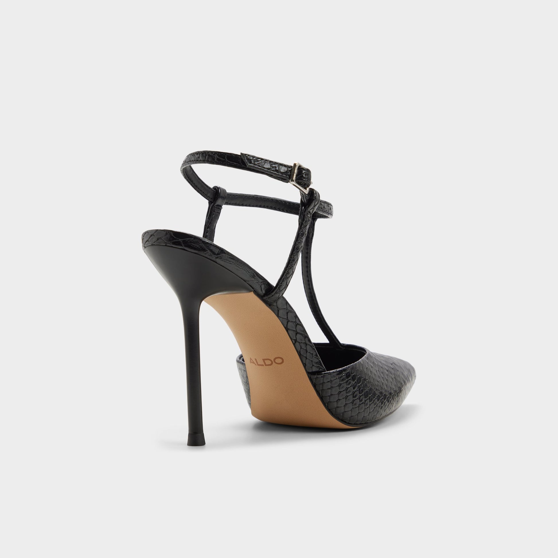 Three-quarter angle of Black Leonniah Strappy heeled shoe's back side