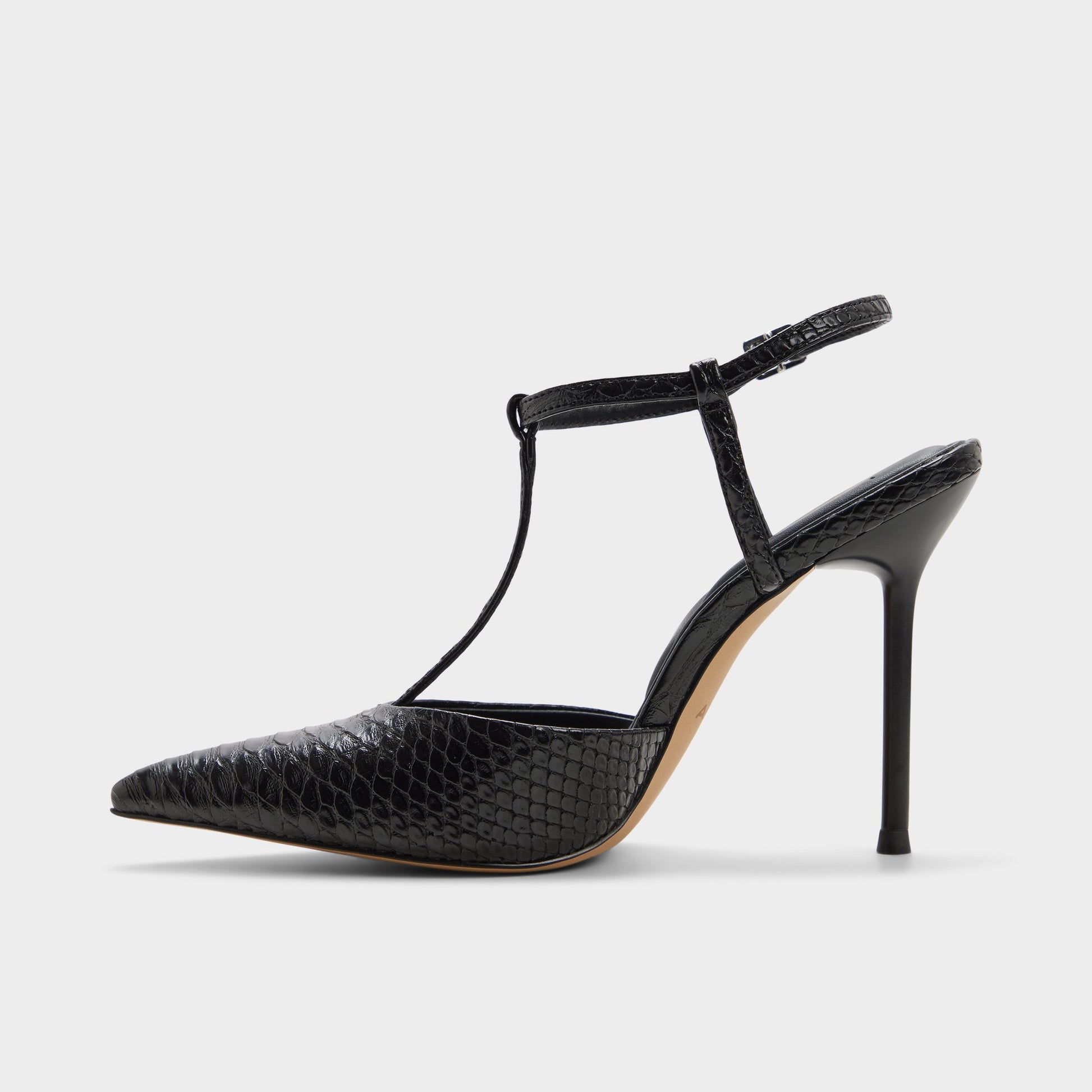 Side view of Black Leonniah Strappy heeled shoe