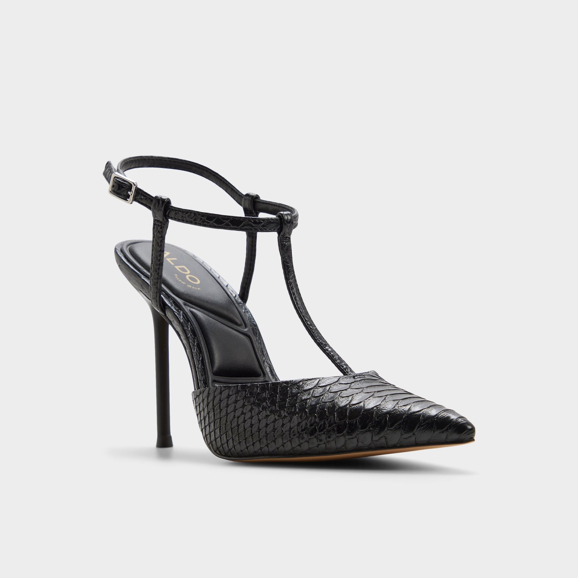 Three-quarter angle of Black Leonniah Strappy heeled shoe's front side
