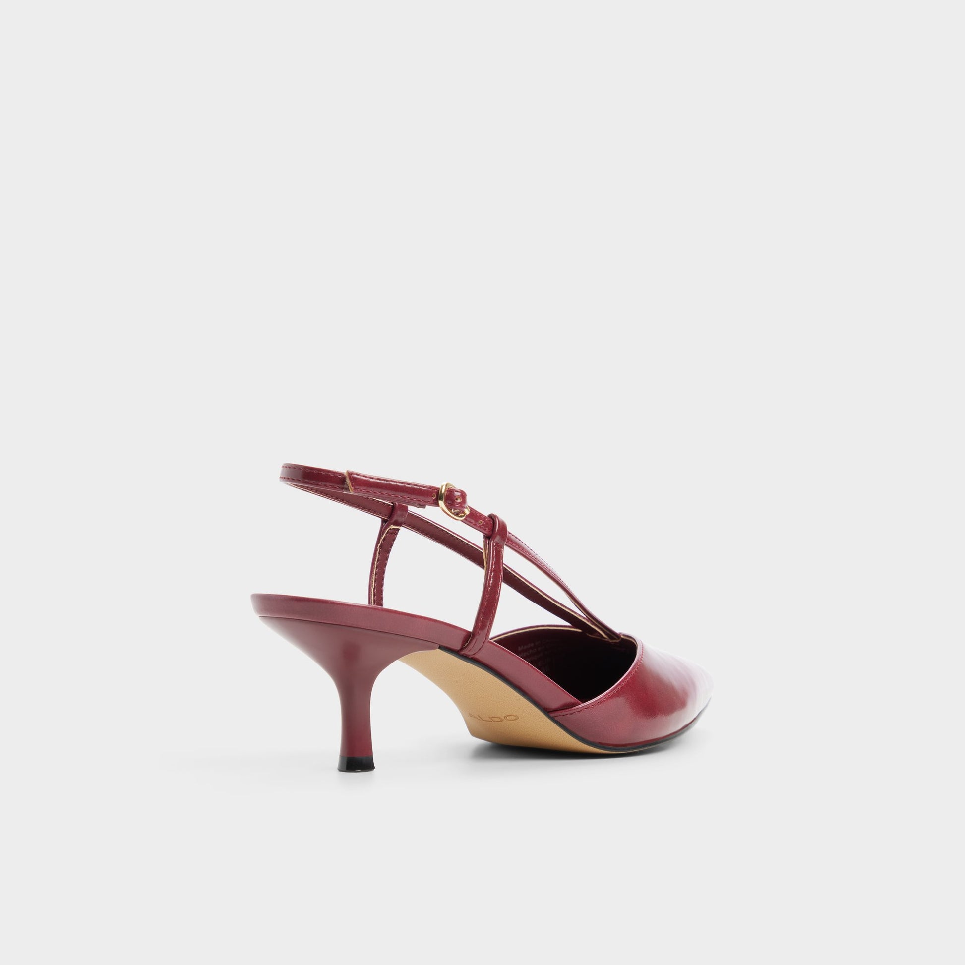 Three-quarter angle of Dark red Kaylin Slingback kitten heel's back side