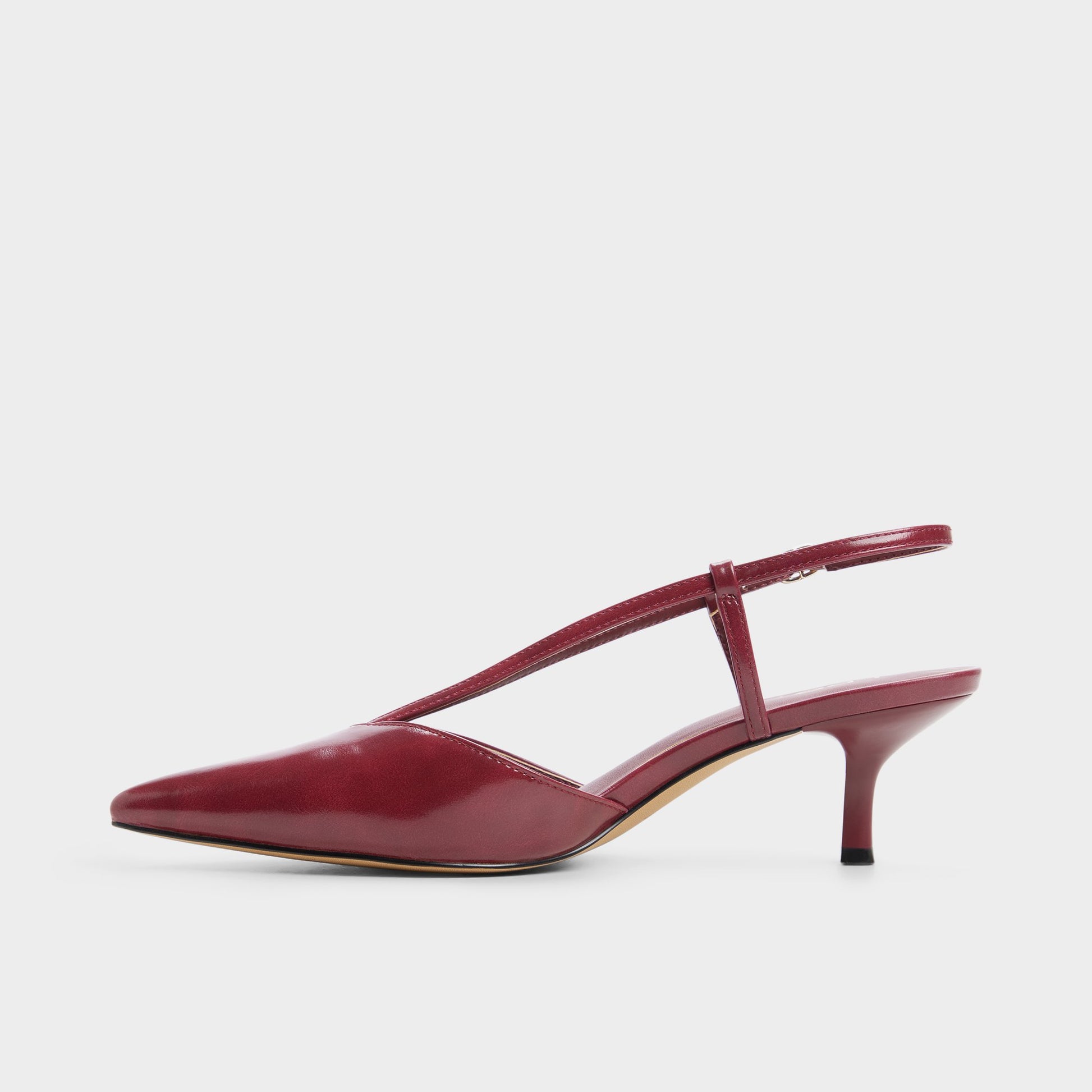 Side view of Dark red Kaylin Slingback kitten heel