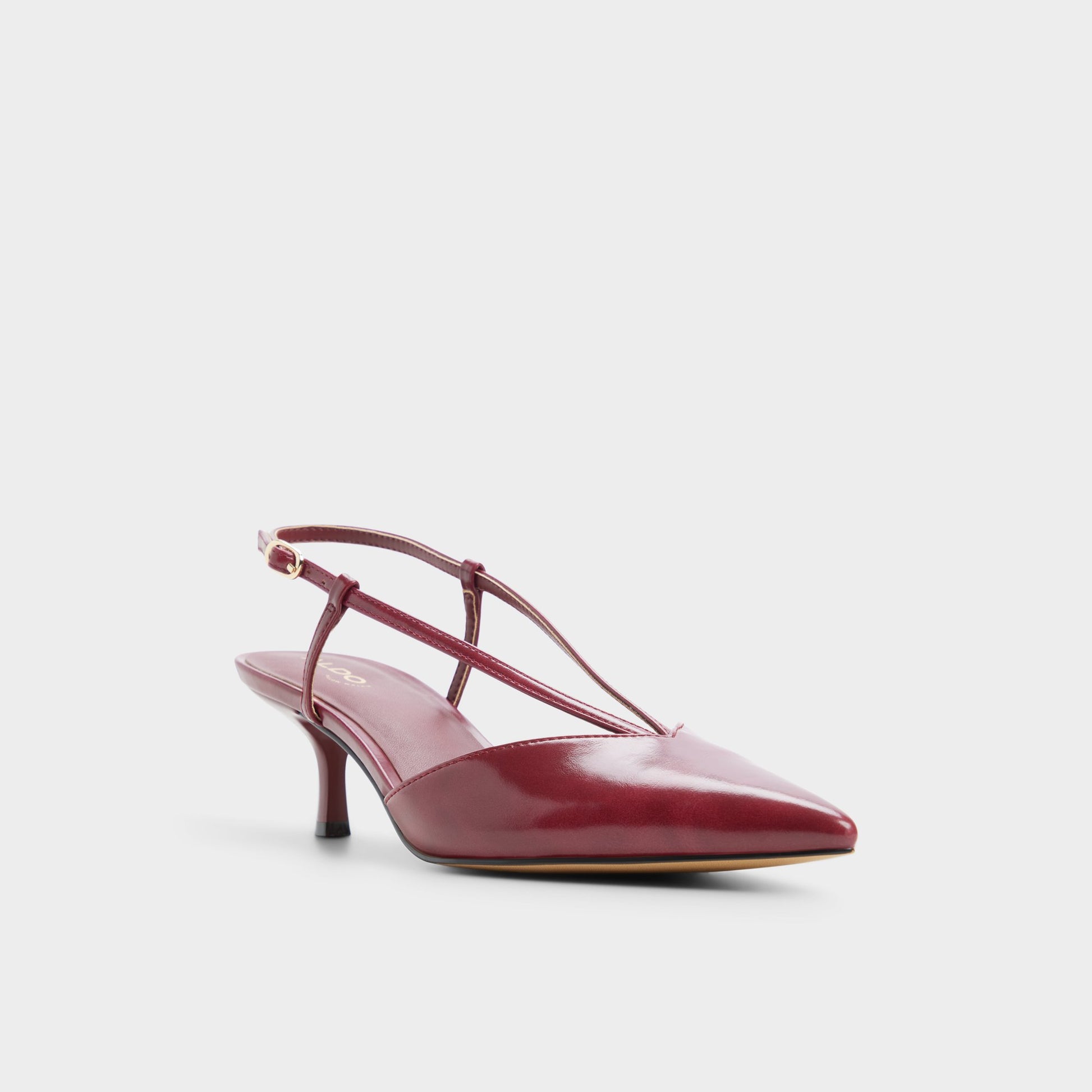 Three-quarter angle of Dark red Kaylin Slingback kitten heel's front side