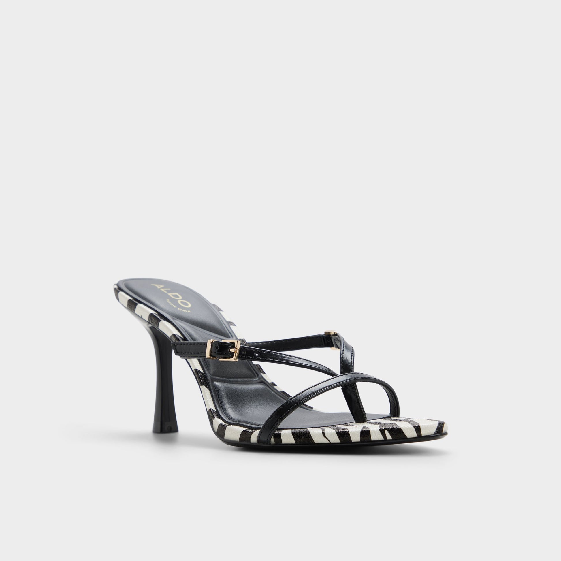Three-quarter angle of Black/white Broney Strappy heeled sandal's front side