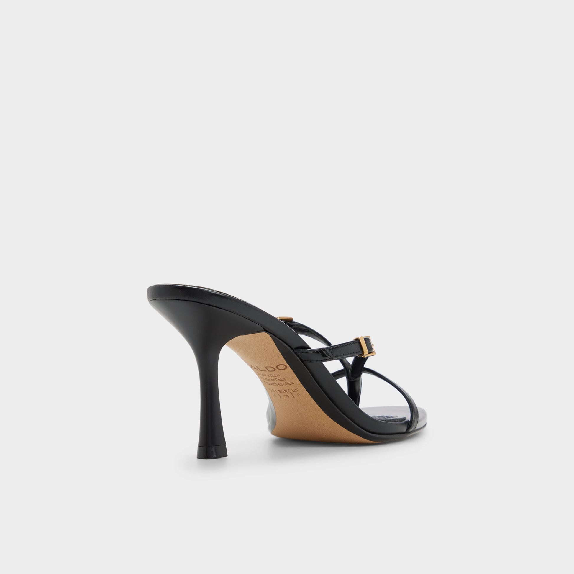 Three-quarter angle of Black Broney Strappy heeled sandal's back side