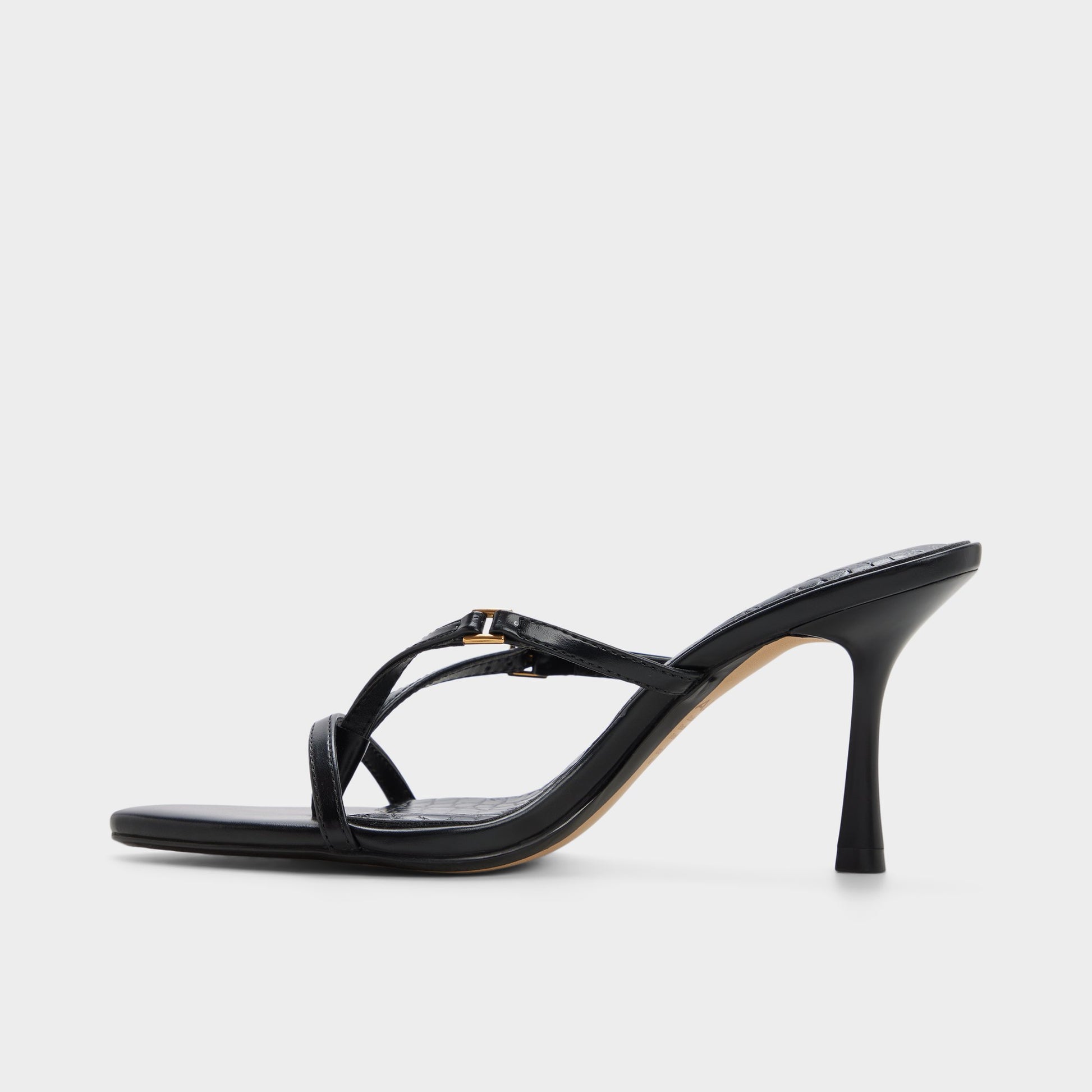 Side view of Black Broney Strappy heeled sandal