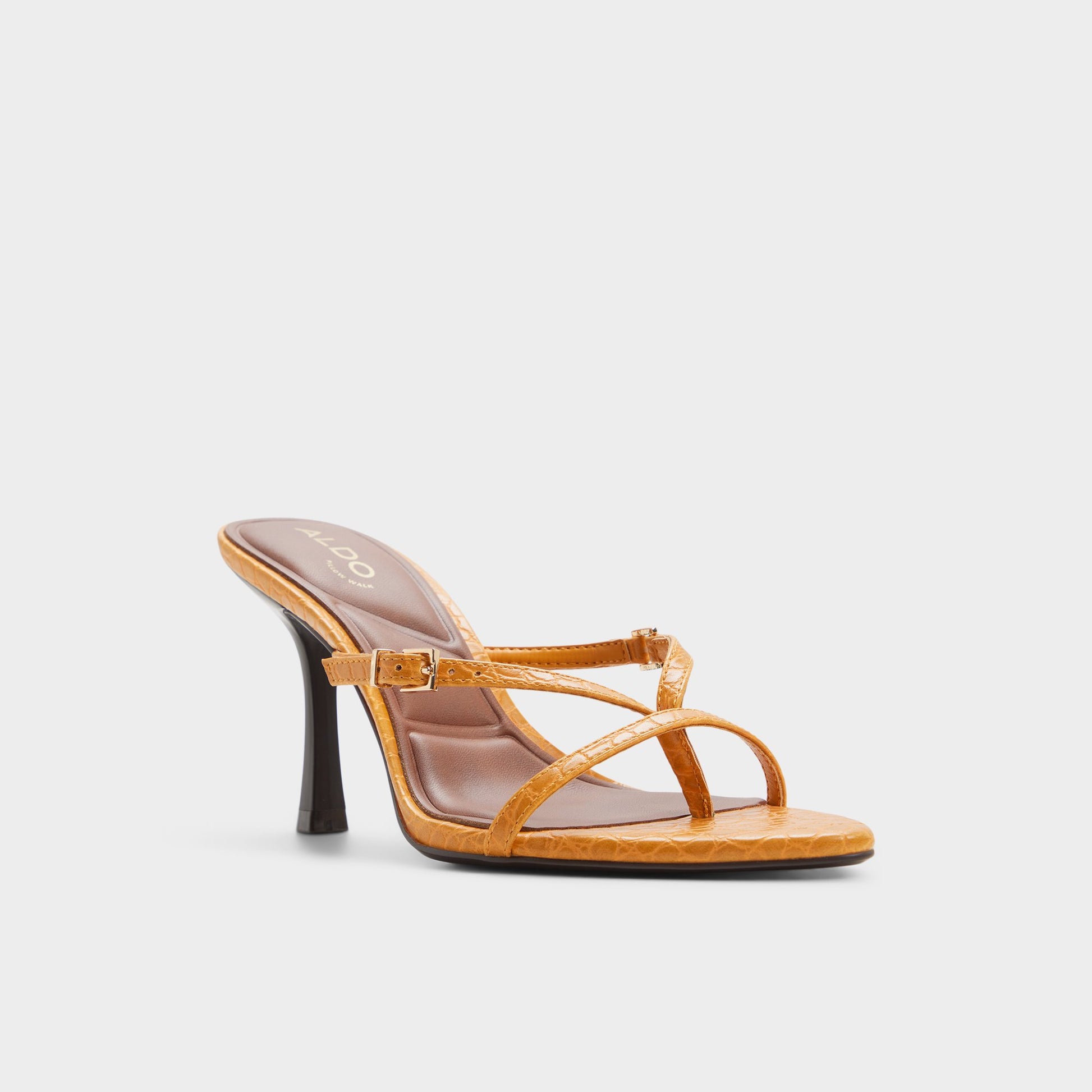 Three-quarter angle of Dark yellow Broney Strappy heeled sandal's front side