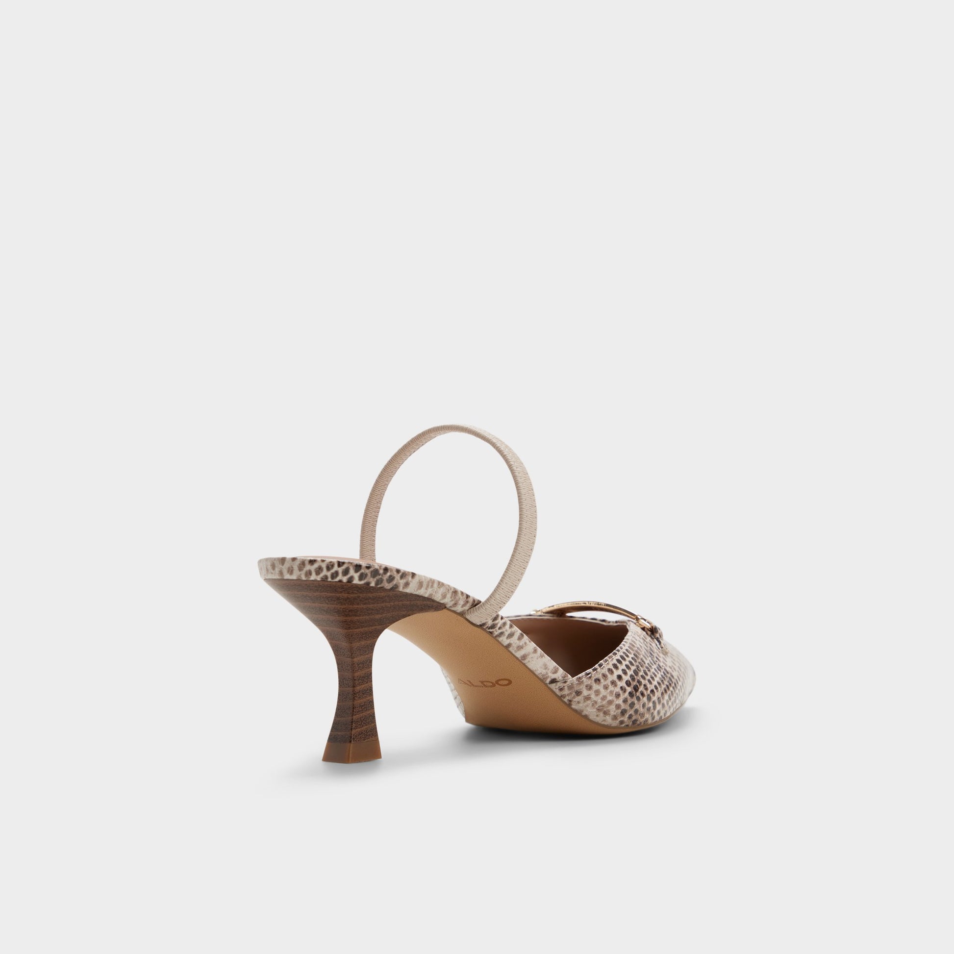 Three-quarter angle of Grey multi Nailah Slingback kitten heel's back side