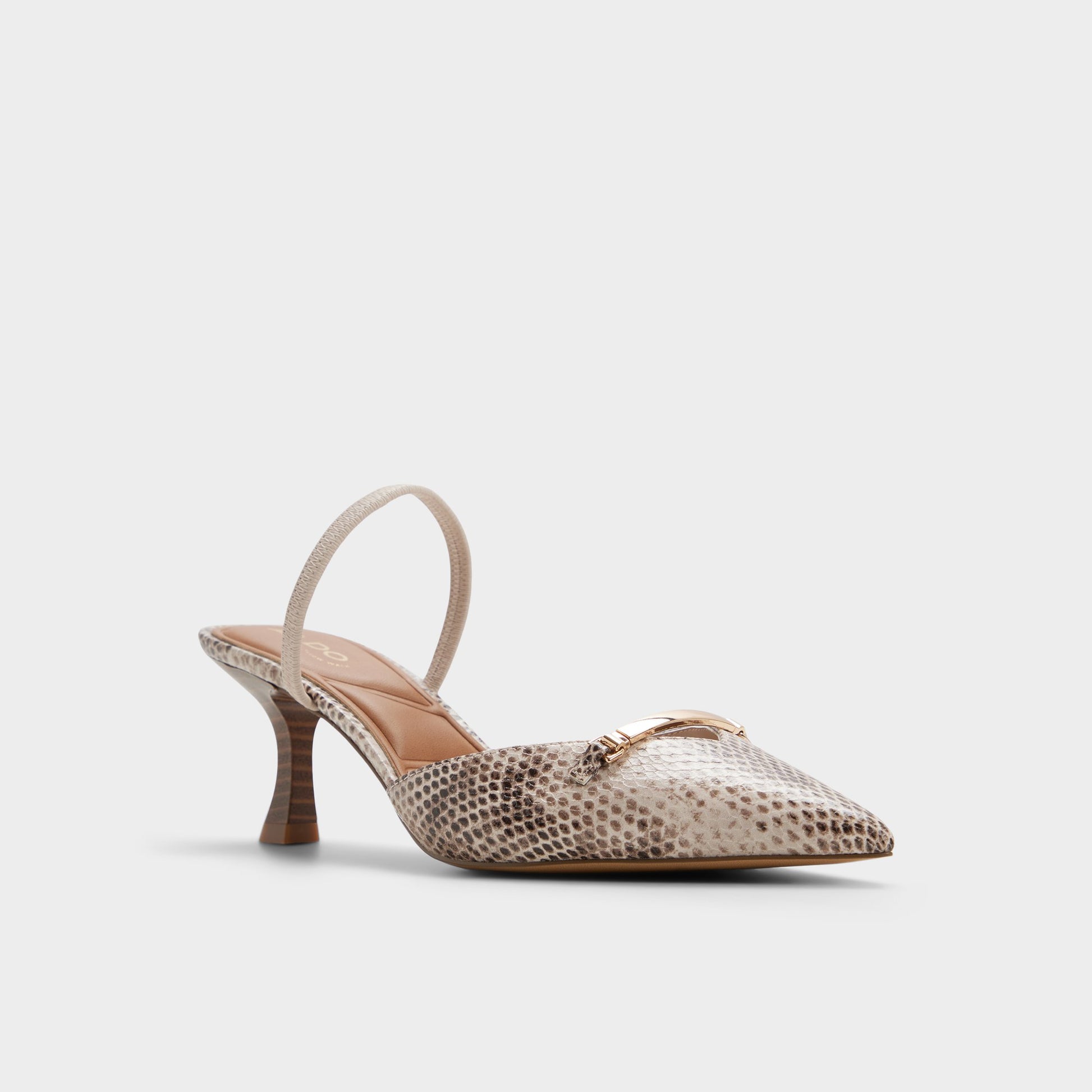 Three-quarter angle of Grey multi Nailah Slingback kitten heel's front side