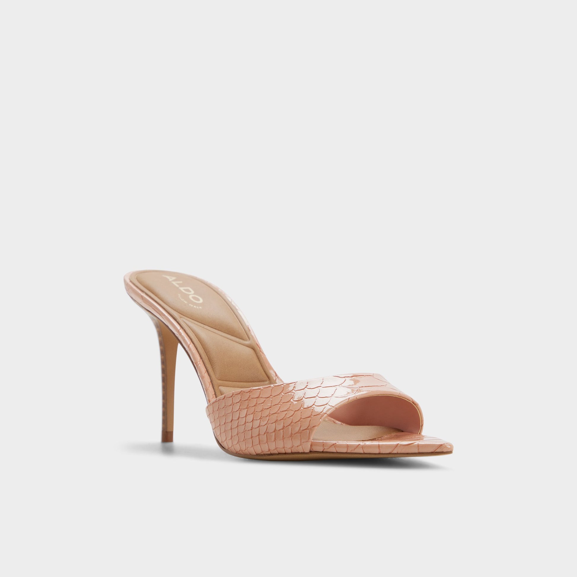 Three-quarter angle of Medium pink Reanna Heeled mule's front side
