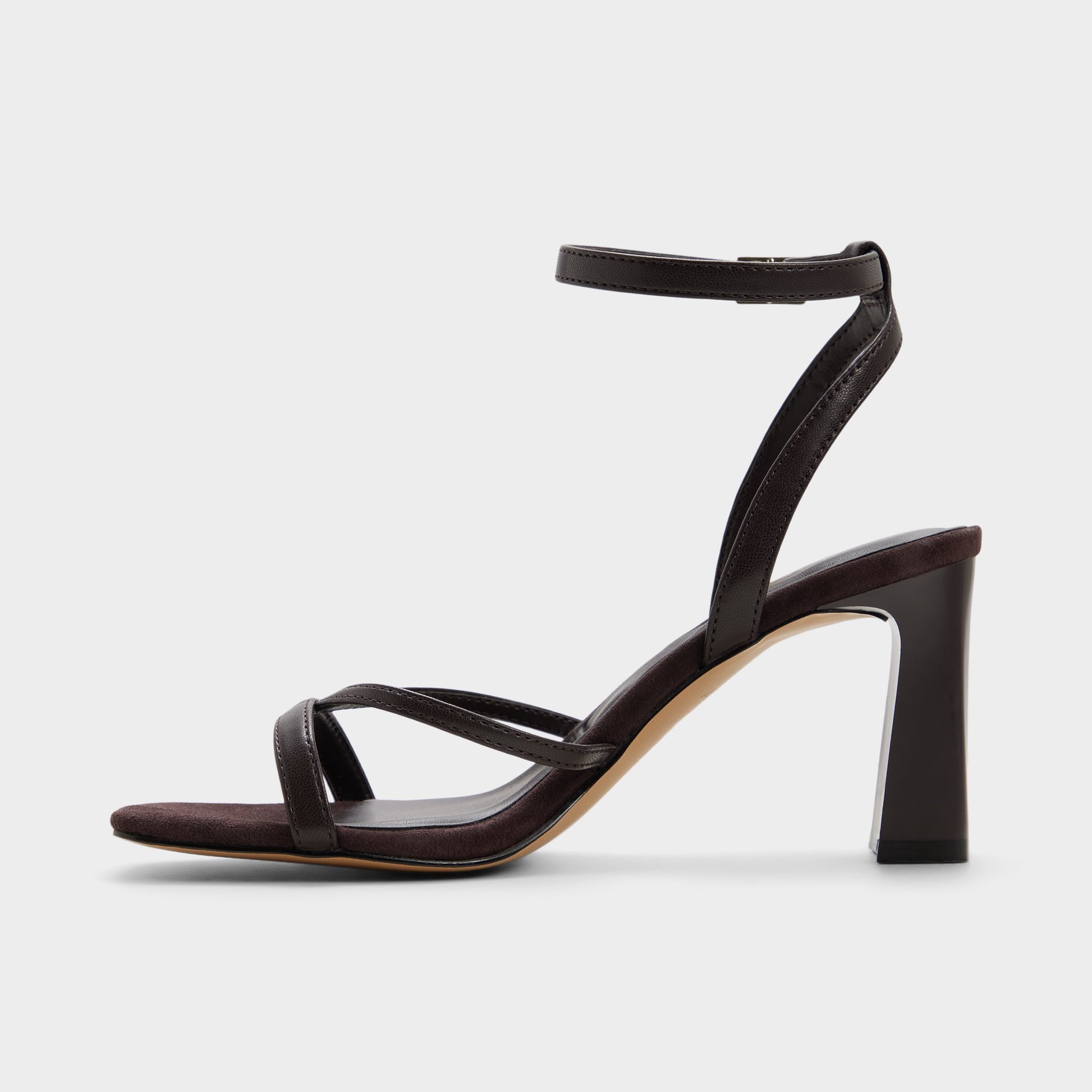 Side view of Dark brown Stellare Strappy heeled sandal