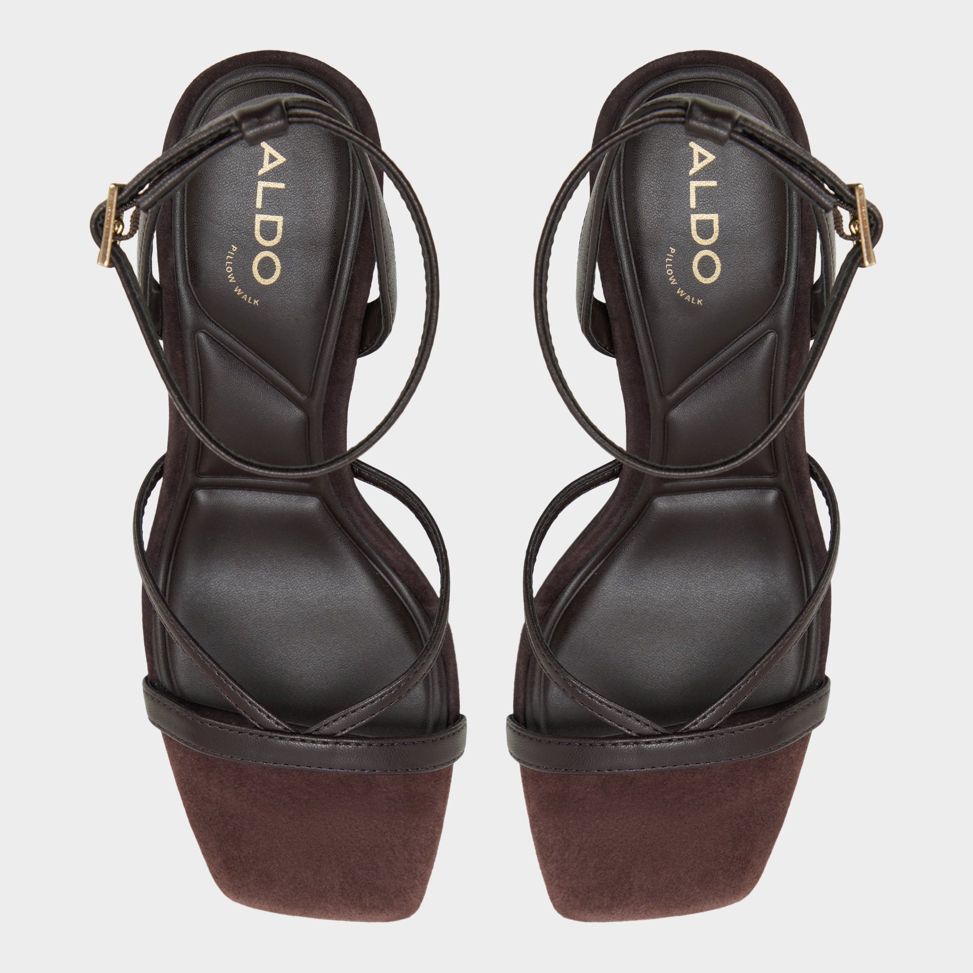 Top-down view of the Dark brown Stellare Strappy heeled sandal