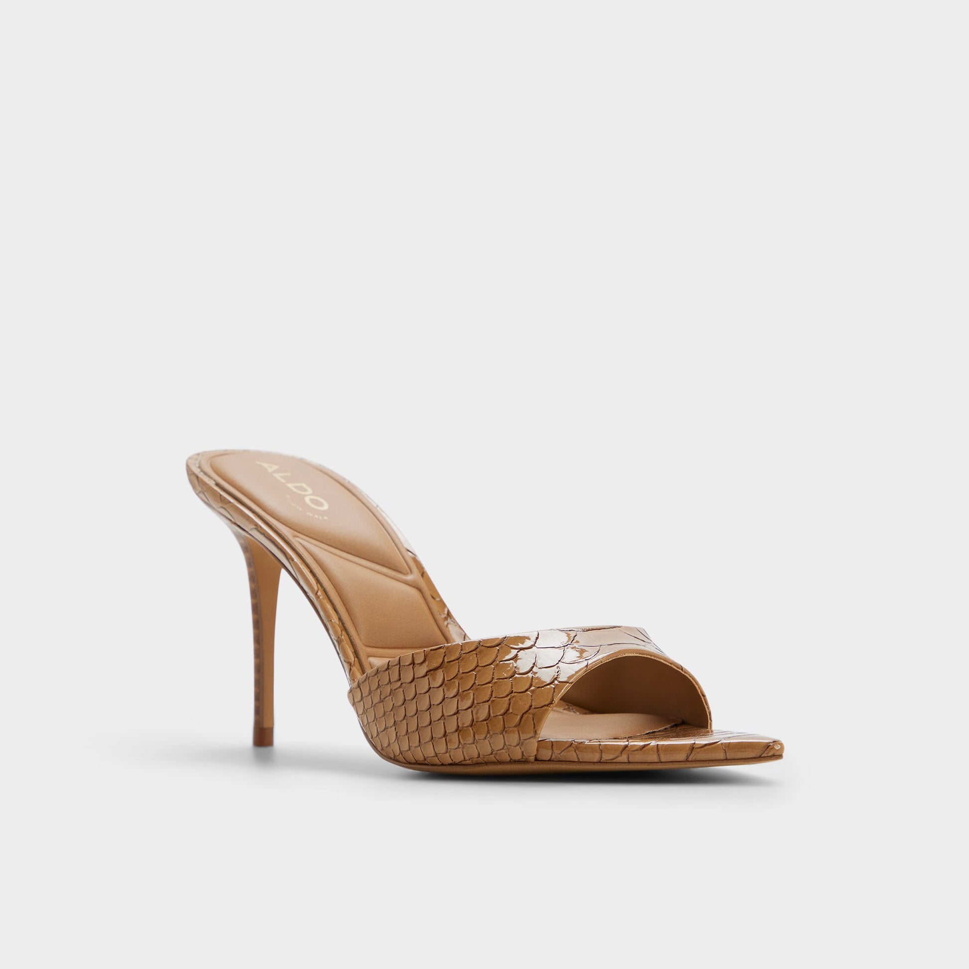 Three-quarter angle of Medium brown Reanna Heeled mule's front side