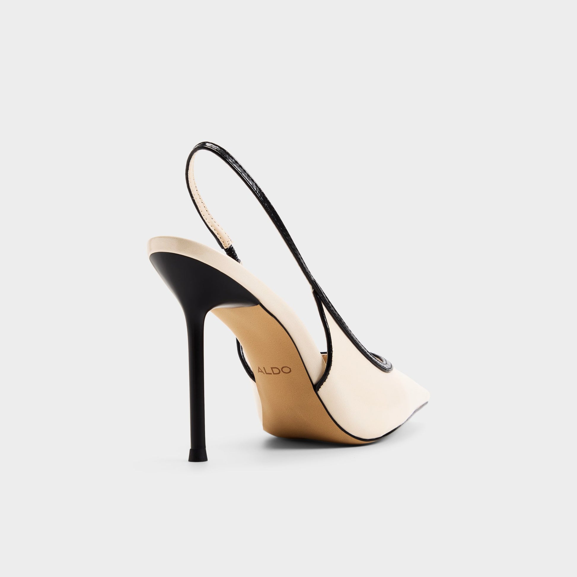 Three-quarter angle of Beige combo Pearlescent Sling back high heel's back side