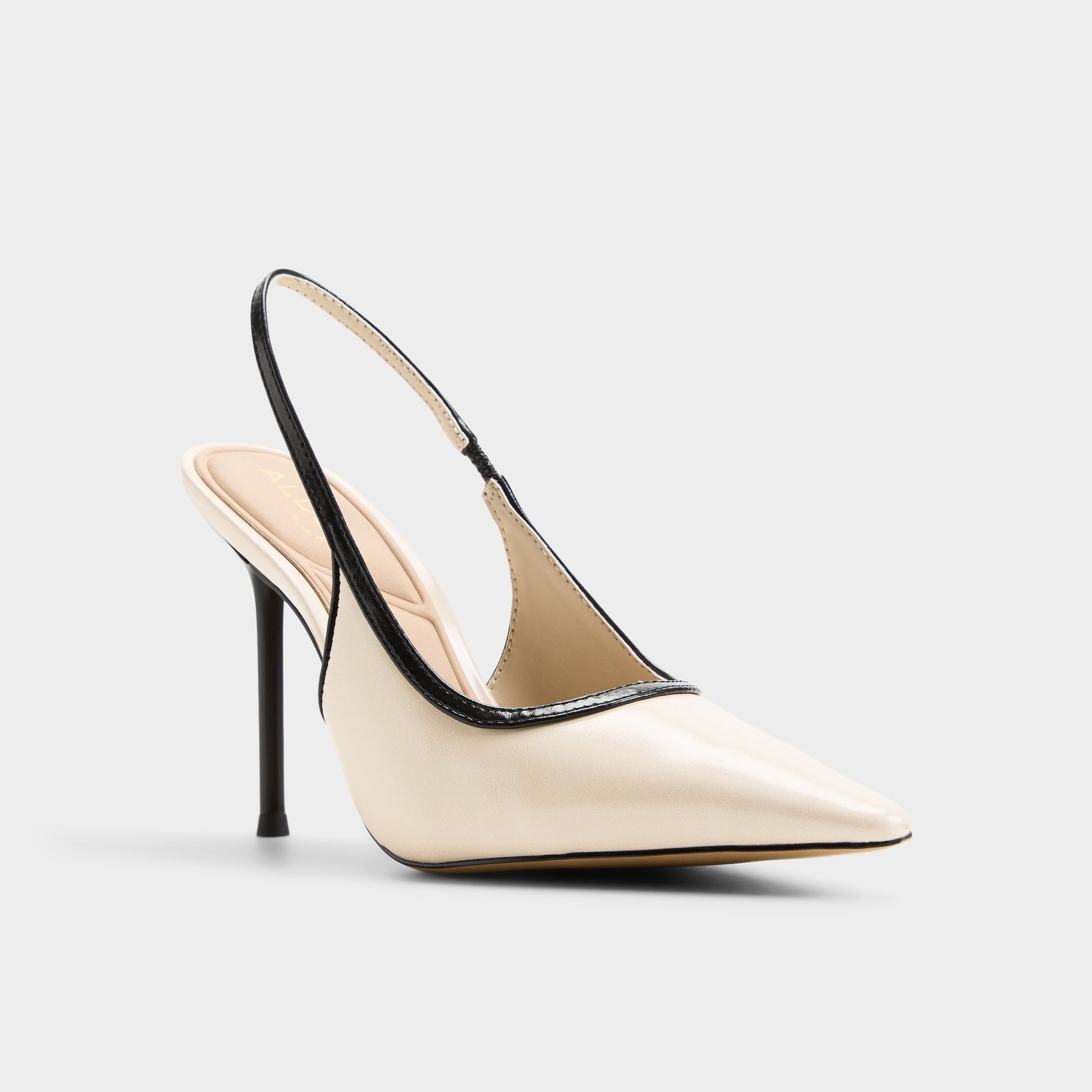 Three-quarter angle of Beige combo Pearlescent Sling back high heel's front side