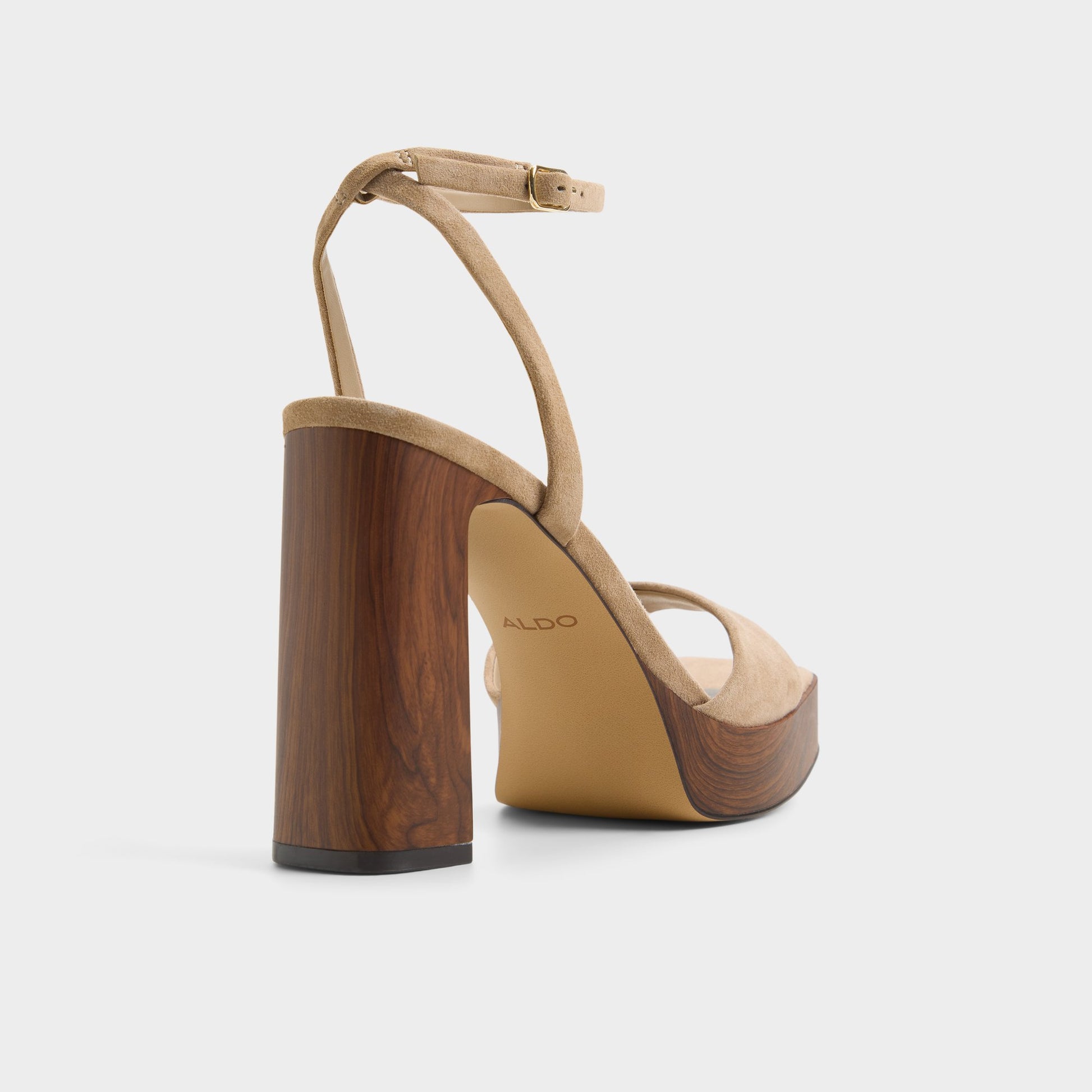 Three-quarter angle of Taupe Lothon Strappy heeled sandal's back side