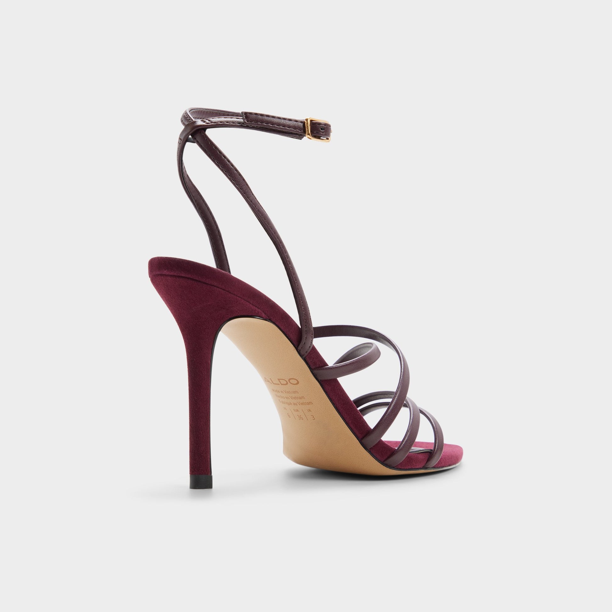 Three-quarter angle of Burgundy Solania Strappy heeled sandal's back side