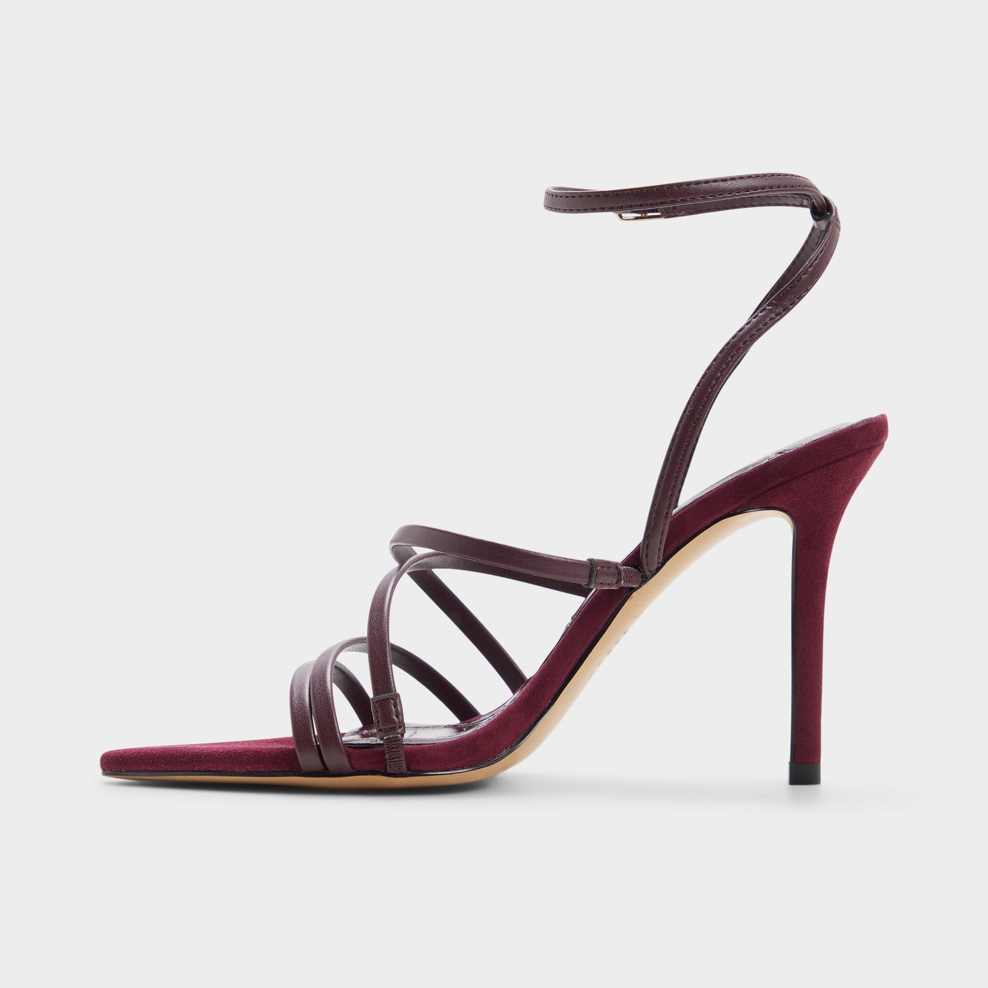Side view of Burgundy Solania Strappy heeled sandal