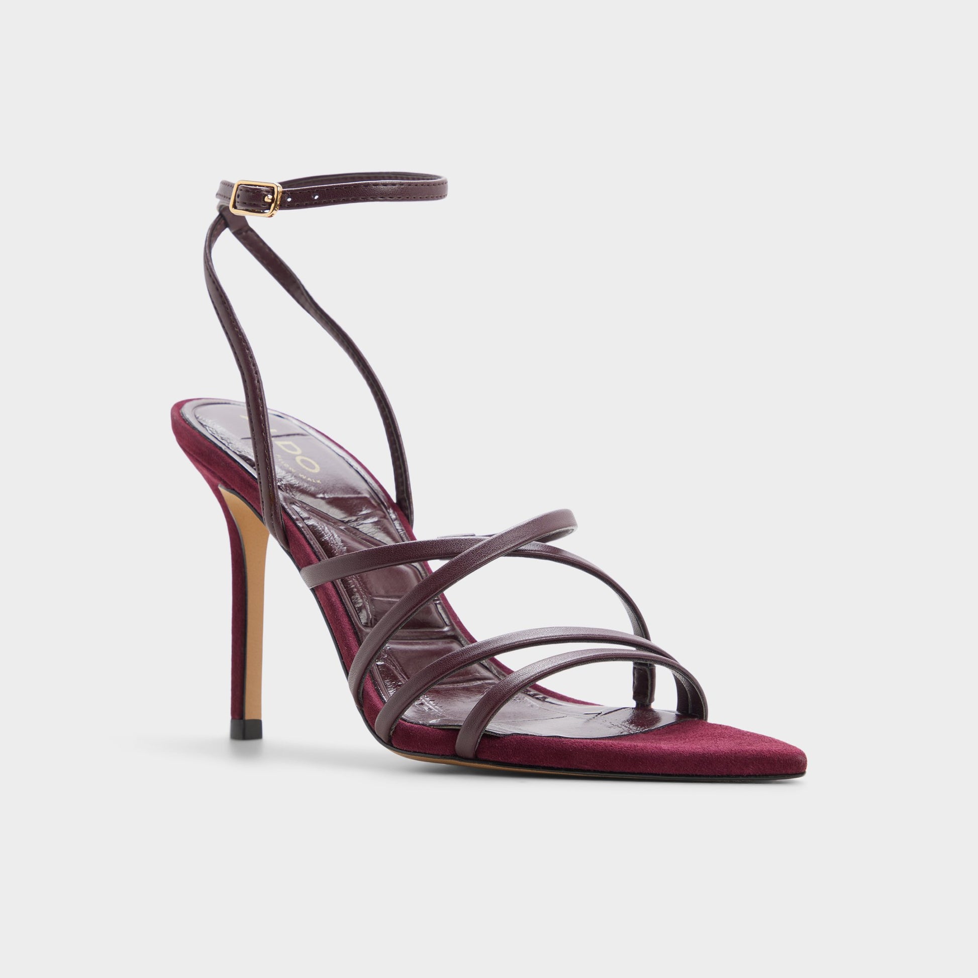 Three-quarter angle of Burgundy Solania Strappy heeled sandal's front side