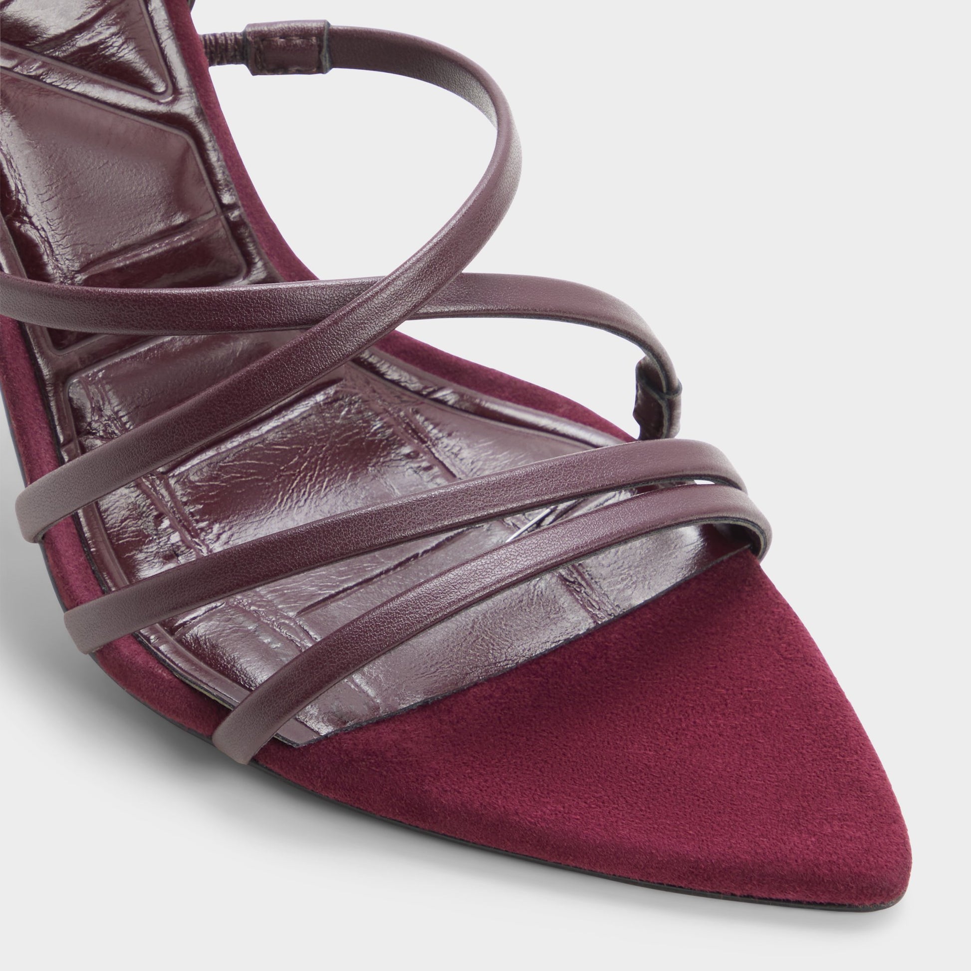 Close-up of the Burgundy Solania Strappy heeled sandal