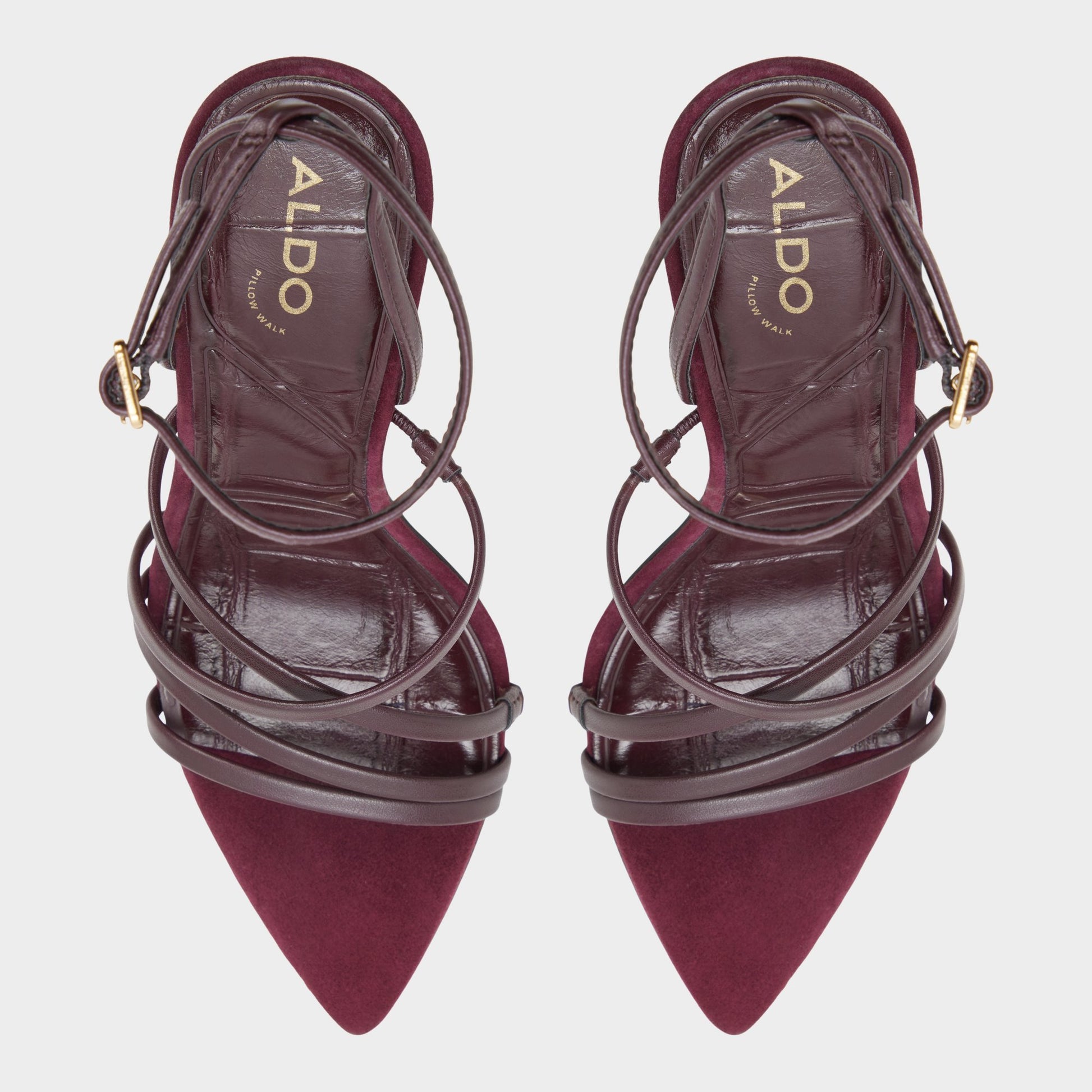 Top-down view of the Burgundy Solania Strappy heeled sandal
