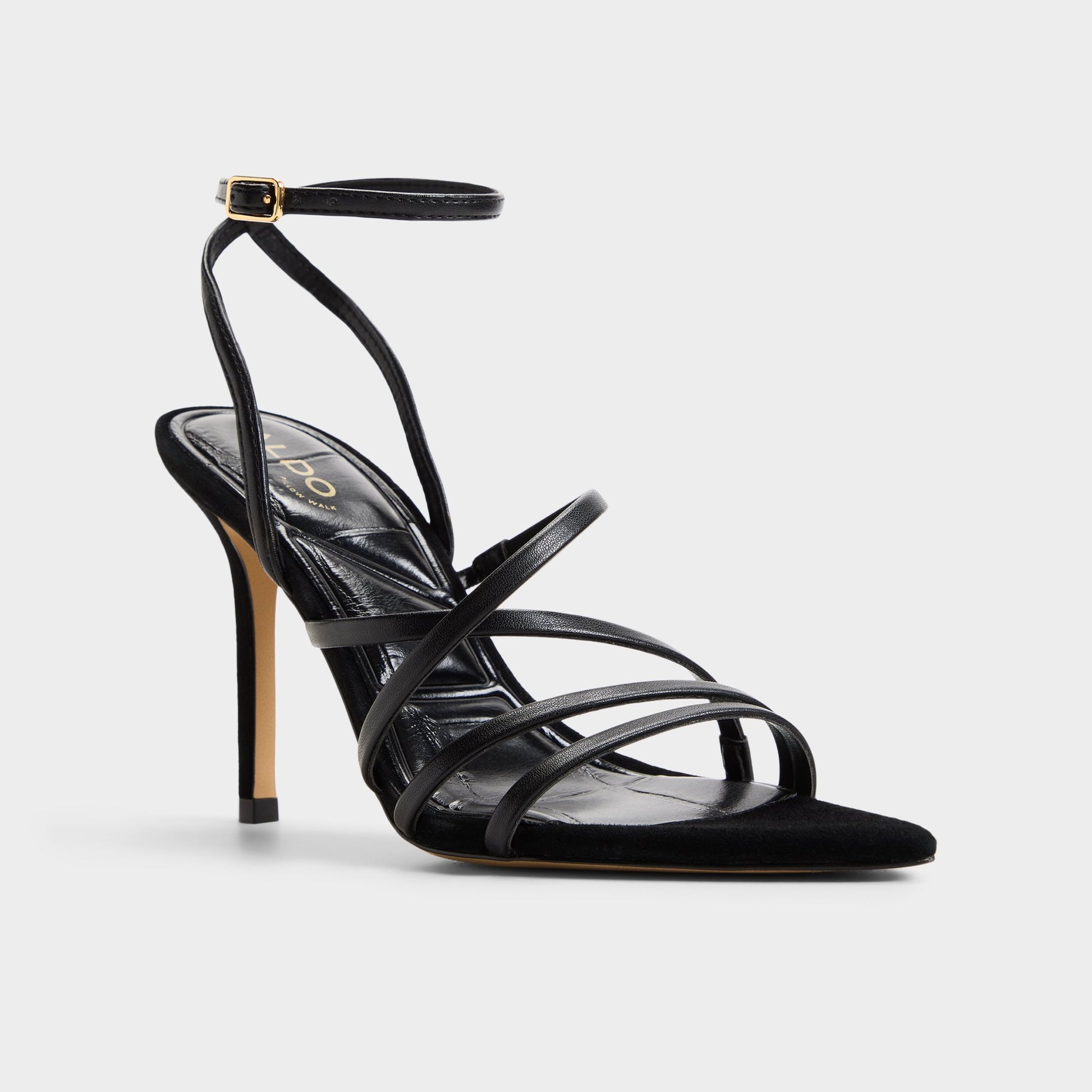 Three-quarter angle of Other black Solania Strappy heeled sandal's front side