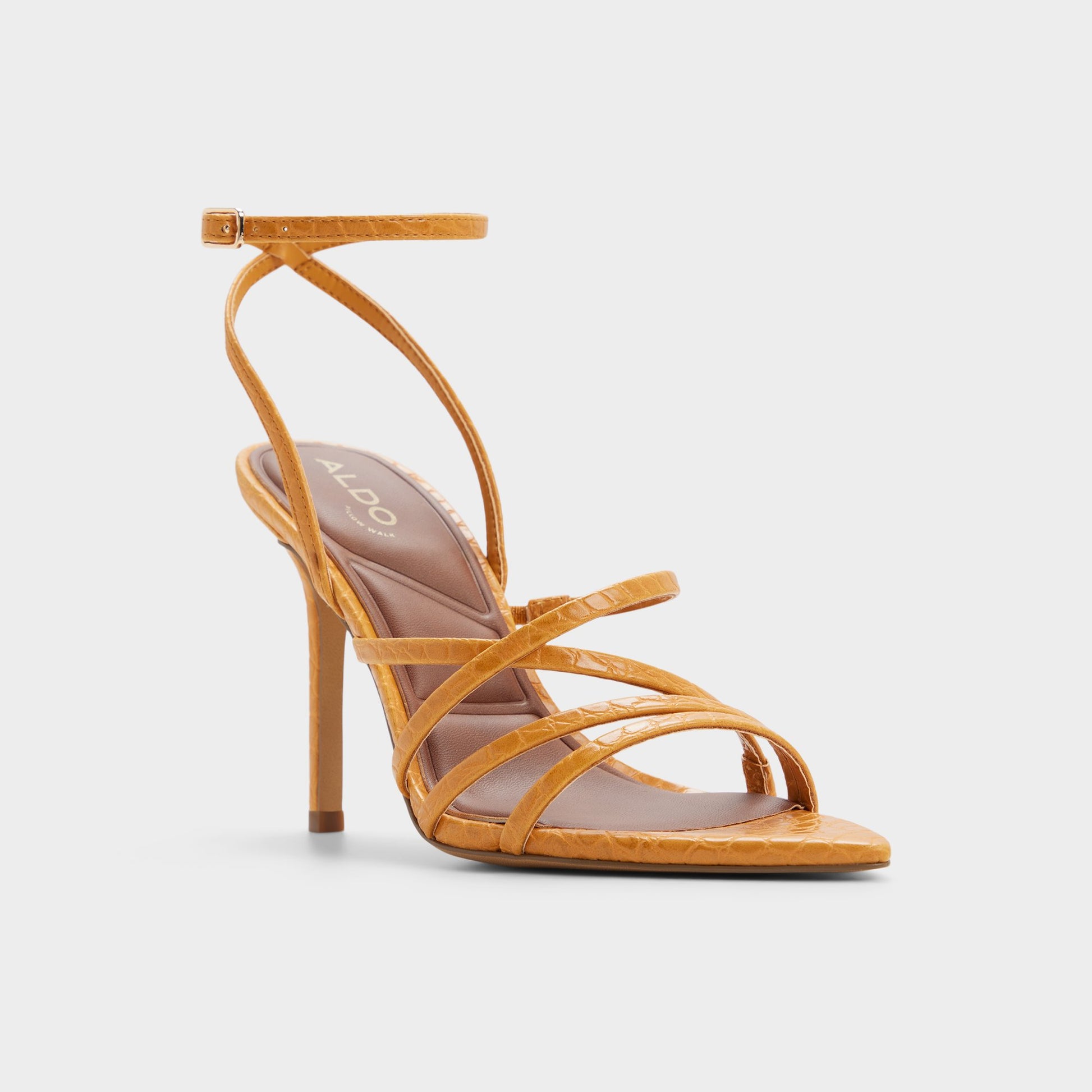 Three-quarter angle of Dark yellow Solania Strappy heeled sandal's front side