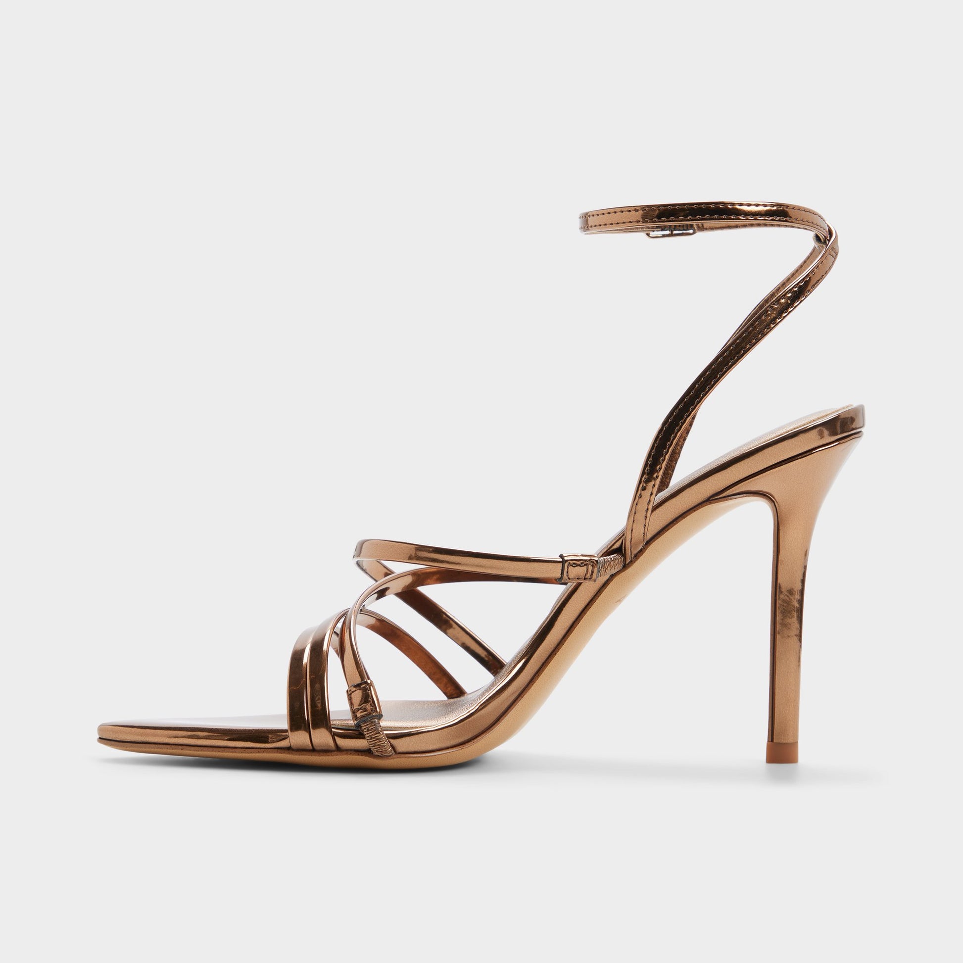 Side view of Bronze Solania Strappy heeled sandal
