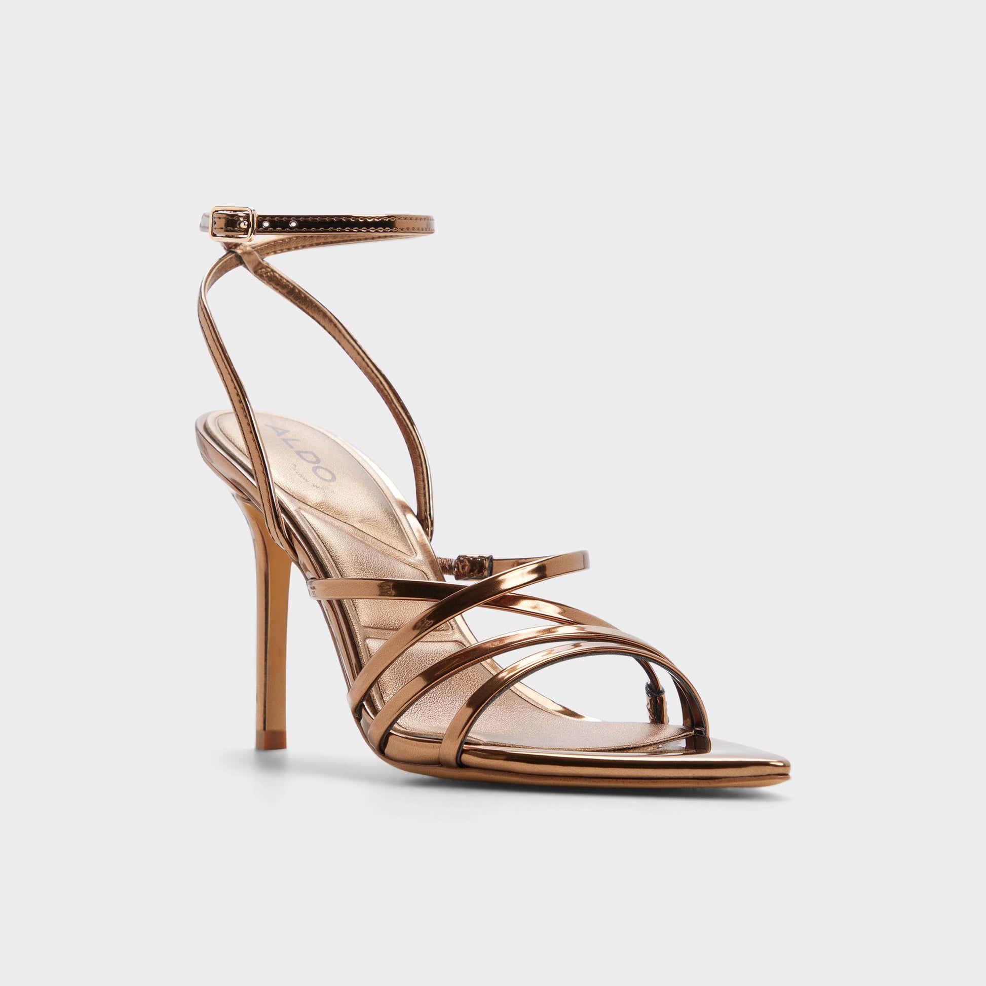 Three-quarter angle of Bronze Solania Strappy heeled sandal's front side