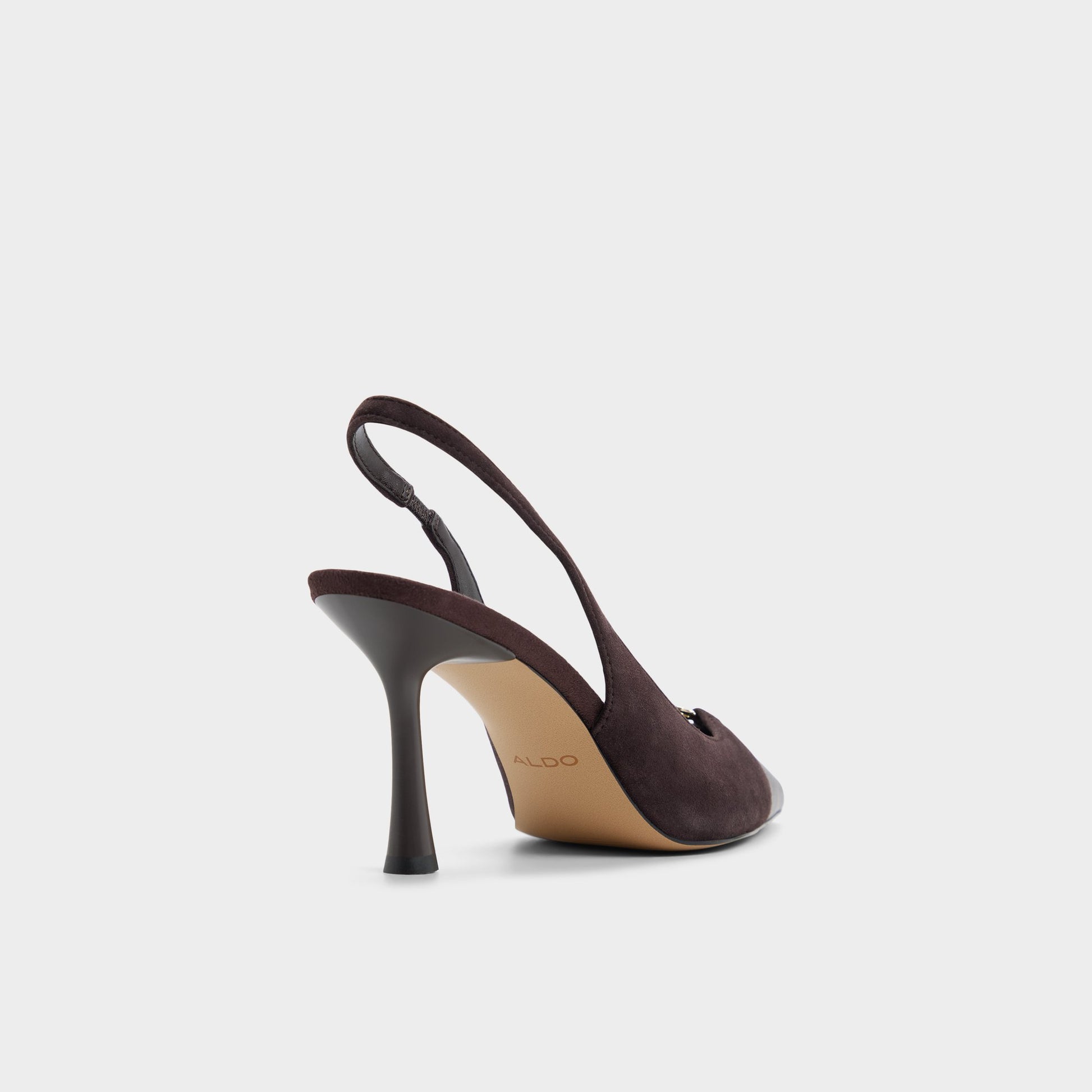 Three-quarter angle of Dark brown Augustas Slingback high heel's back side