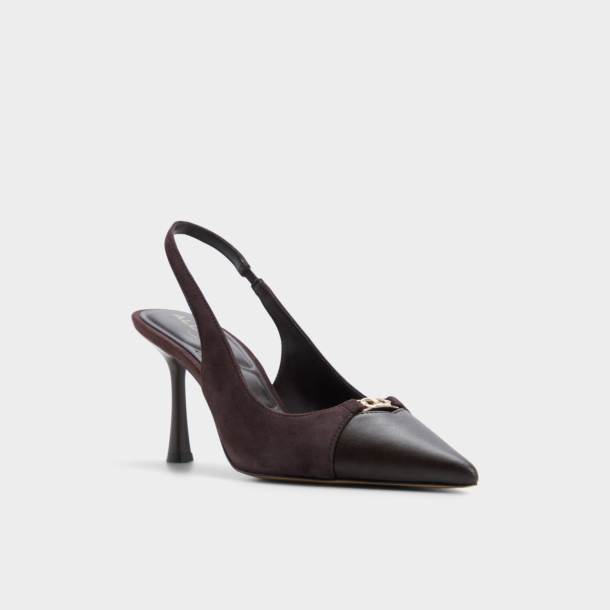 Three-quarter angle of Dark brown Augustas Slingback high heel's front side