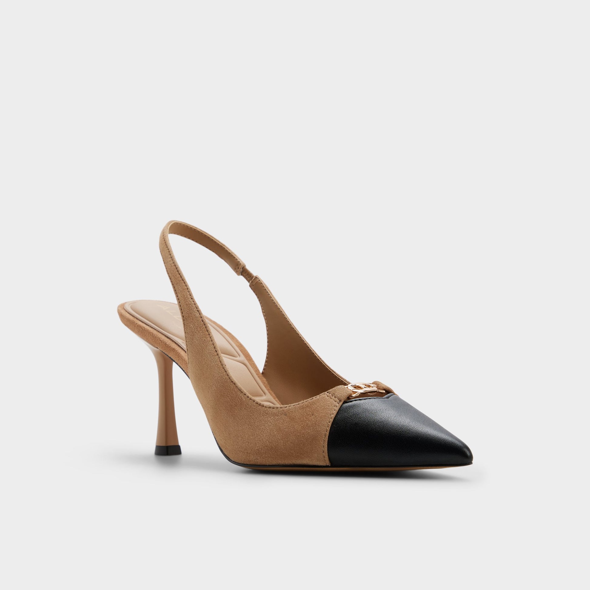Three-quarter angle of Medium brown Augustas Slingback high heel's front side