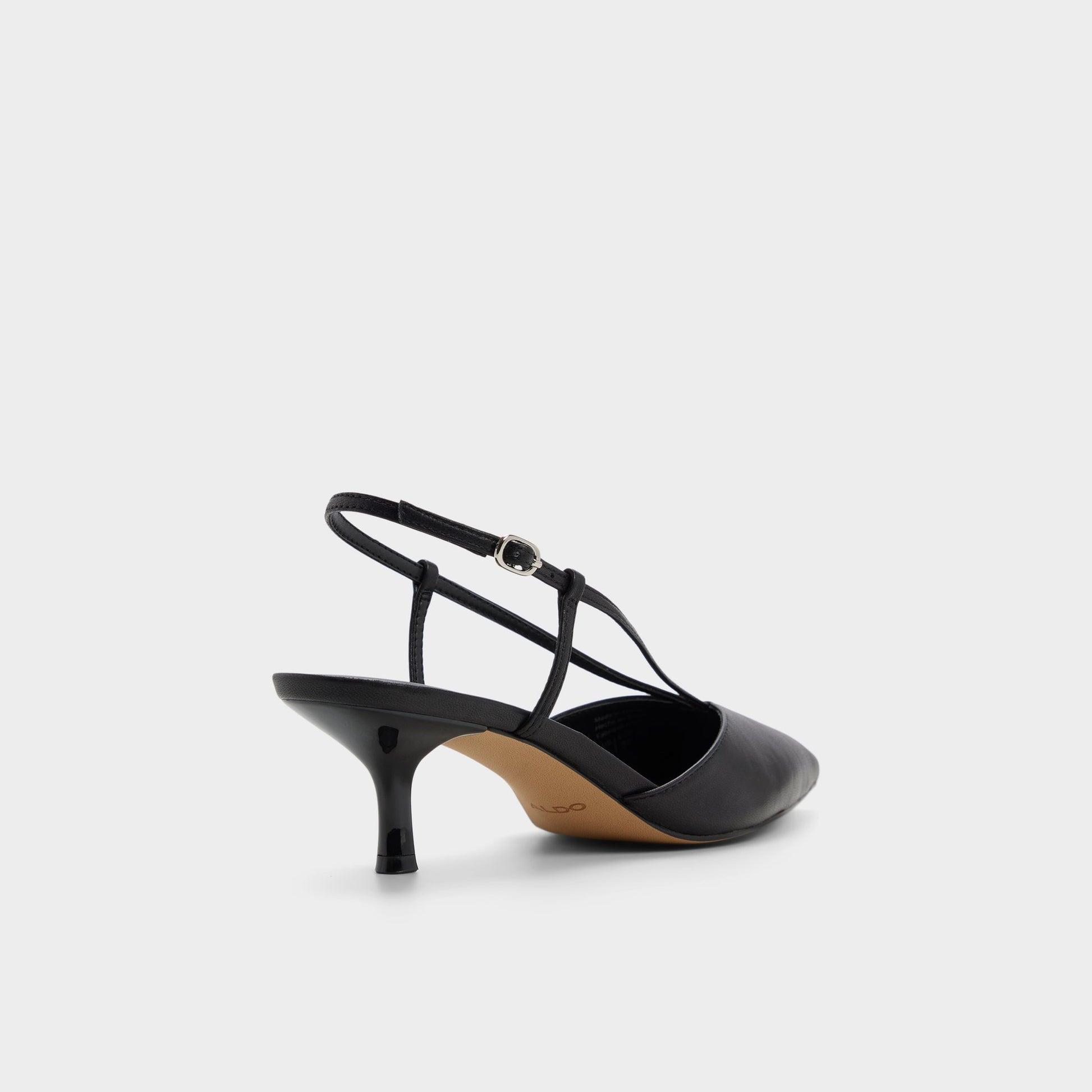 Three-quarter angle of Black Kaylin Slingback kitten heel's back side